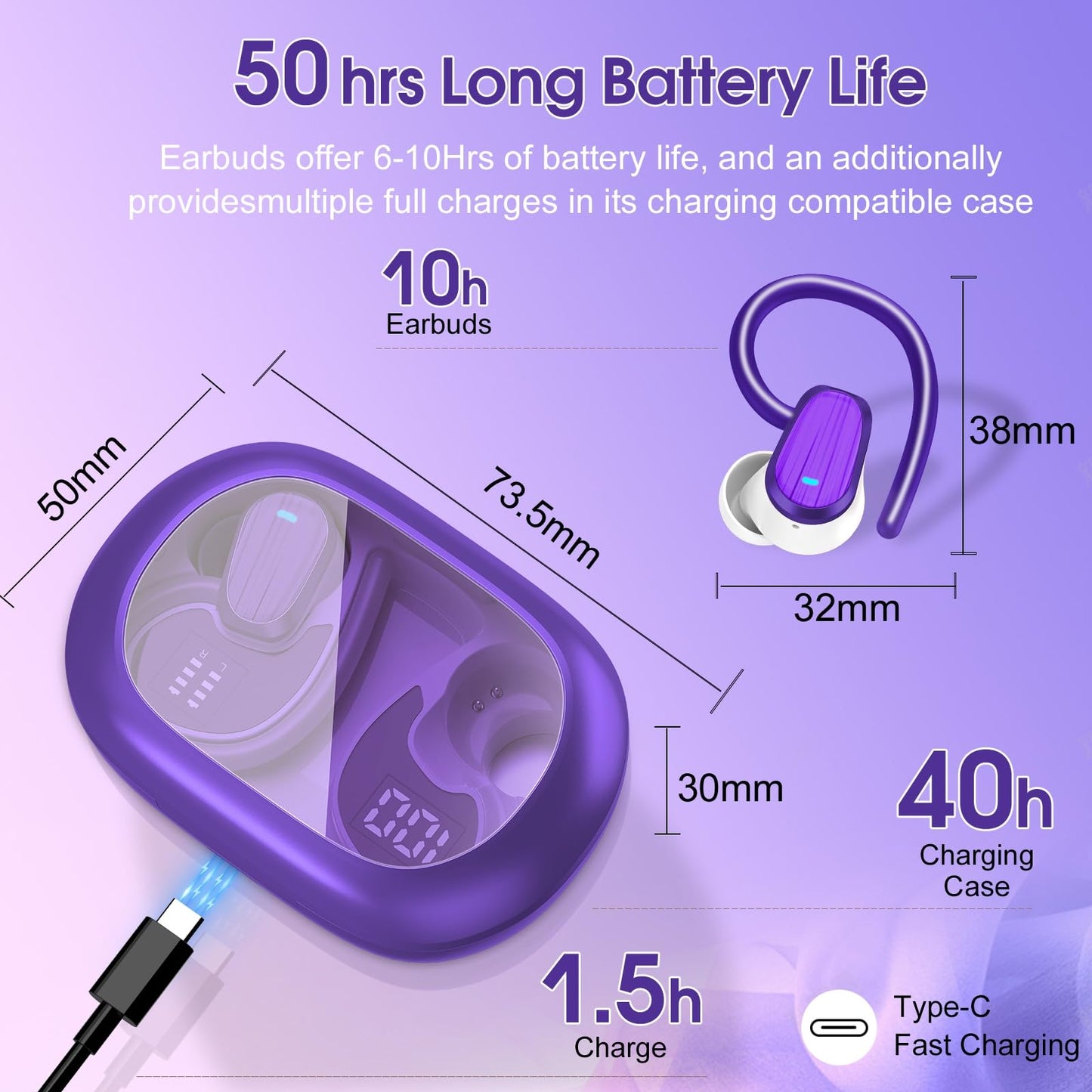 Wireless Earbuds, 50H Bluetooth 5.4 Headphones Sport, Bluetooth Earbuds with ENC Noise Canceling, HiFi Stereo Sound Wireless Earphones with Earhooks, IP7 Waterproof Ear Buds for Sports/Workout/Running