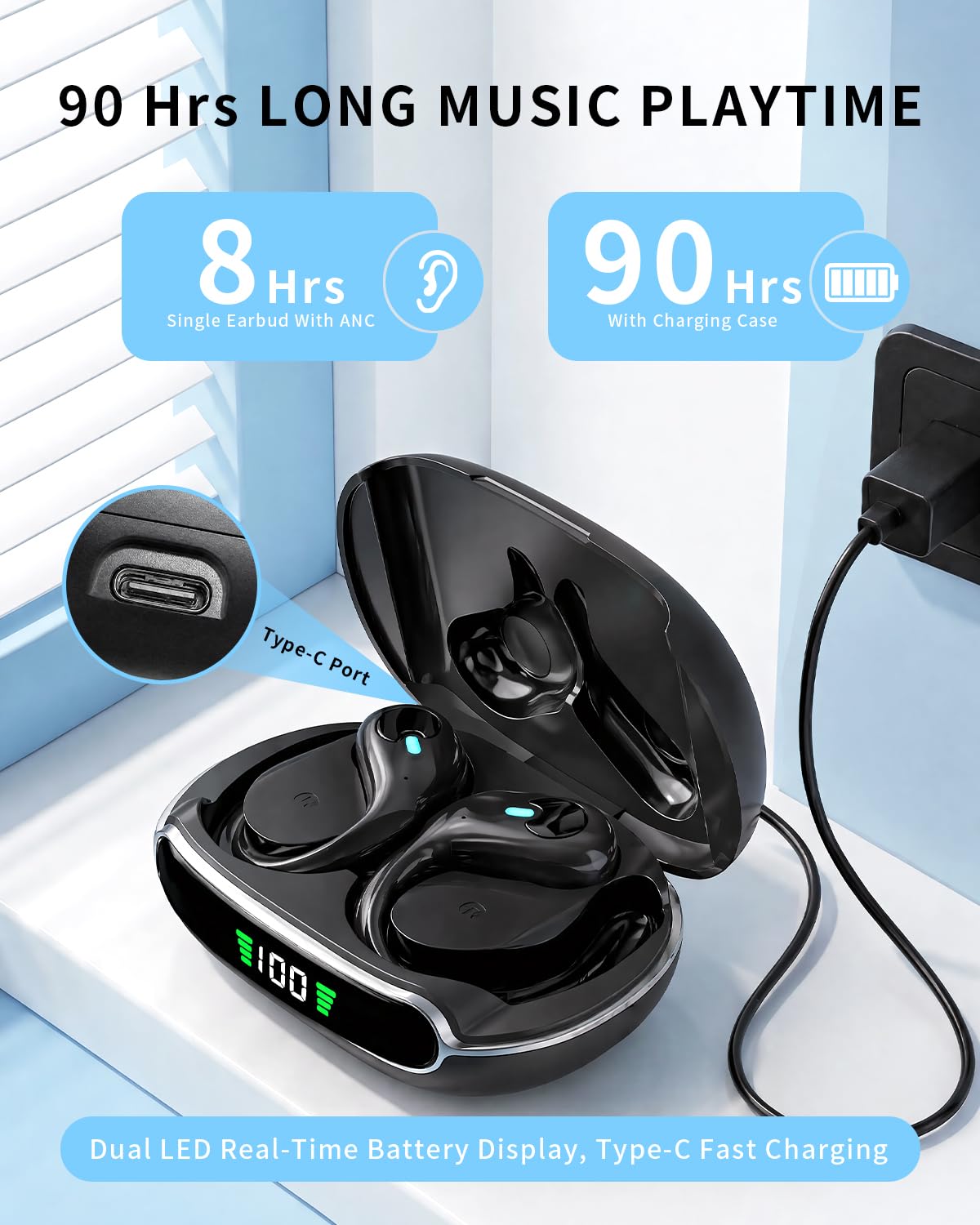 Active Noise Cancelling Ear Buds, Wireless Earbuds with Earhooks Microphone, 80hrs Playback Bluetooth Headphones Dual Battery Display Stereo Bass Earphones IPX7 Waterproof Headset for Workout/Sports