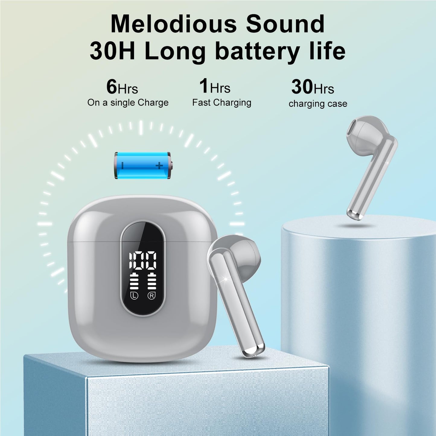 Wireless Earbuds, Bluetooth 5.3 Headphones HiFi Stereo, Mini in-Ear Bluetooth Earbuds, Wireless Earphones with 4 ENC Noise Cancelling Mic, IP7 Waterproof, LED Display, Touch Control Ear Buds, White