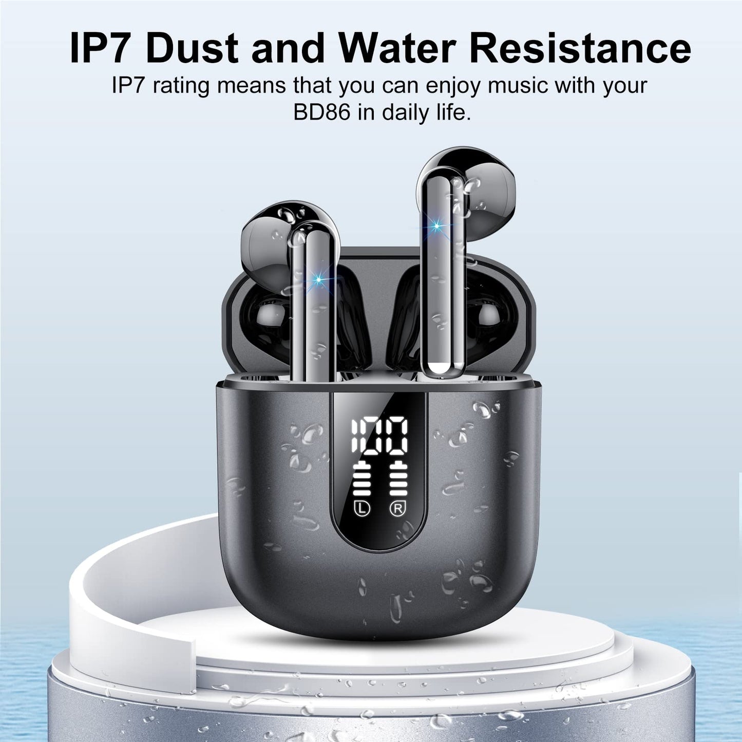 Wireless Earbuds, Bluetooth 5.3 Headphones HiFi Stereo, Mini in-Ear Bluetooth Earbuds, Wireless Earphones with 4 ENC Noise Cancelling Mic, IP7 Waterproof, LED Display, Touch Control Ear Buds, White