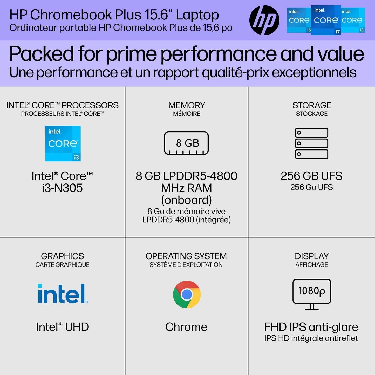 HP Chromebook Plus 15.6 inch Laptop, Full HD Display, Intel Core i3-N305, 8 GB RAM, 256 GB UFS, Intel UHD Graphics, Chrome OS, 15a-nb0006ca