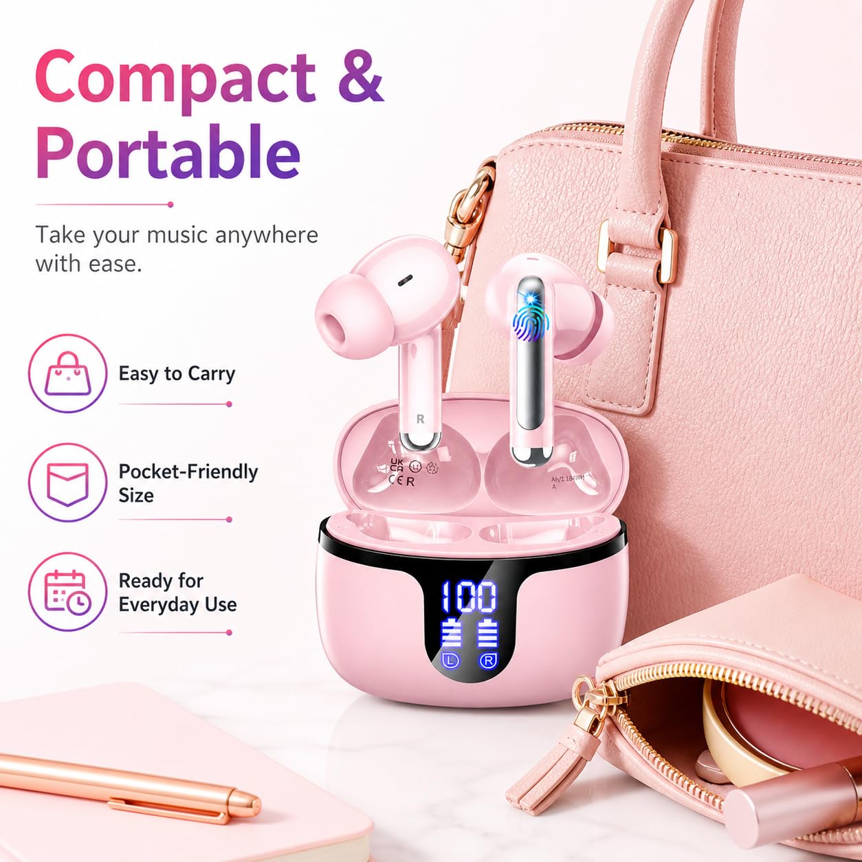 Wireless Earbuds, Bluetooth 5.4 Headphones, 50H Playback Deep Bass Stereo Ear Buds with LED Power Display Charging Case, IPX7 Waterproof in-Ear Earbuds for Smart Phone Laptop Computer Sports Black