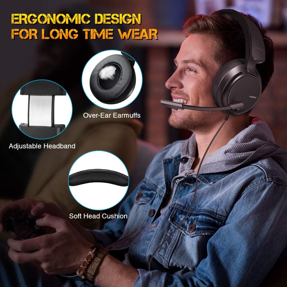 Gaming Headset for PS4, PS5, Xbox One, PC with Bass Surround, Soft Memory Earmuffs, Stereo Headset, Noise-Cancelling Over-Ear Headphones with Mic, Volume Control for Laptop Tablet