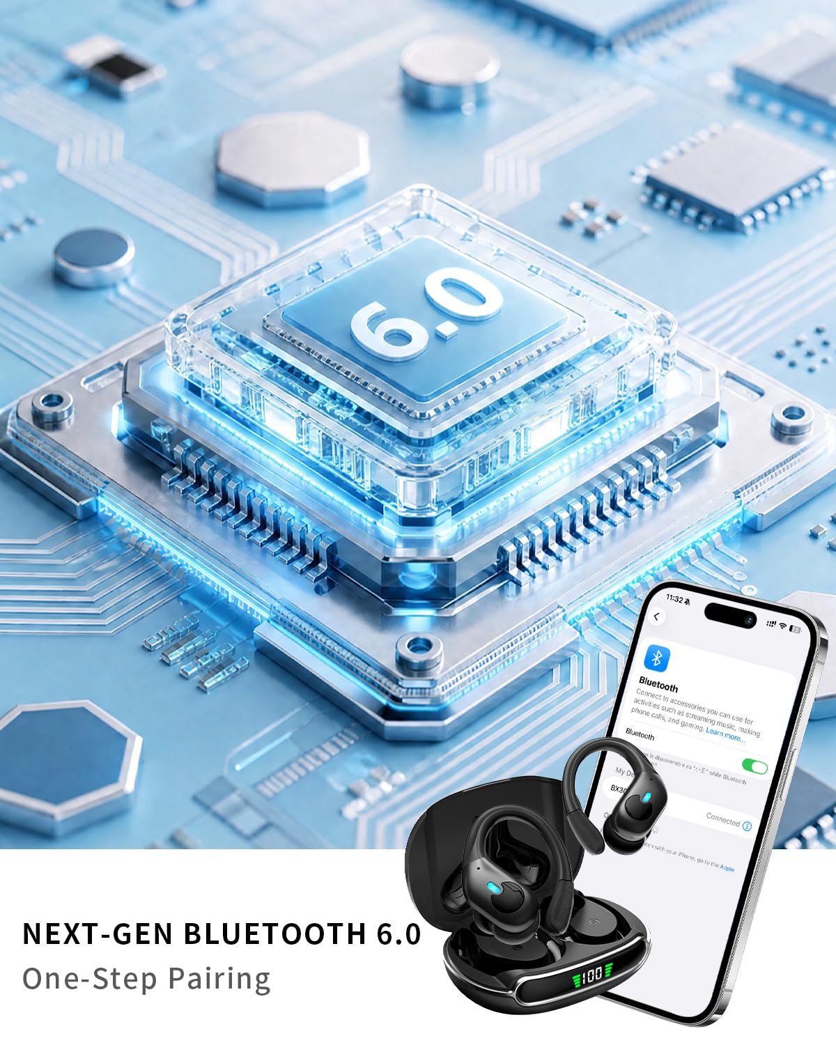 Active Noise Cancelling Ear Buds, Wireless Earbuds with Earhooks Microphone, 80hrs Playback Bluetooth Headphones Dual Battery Display Stereo Bass Earphones IPX7 Waterproof Headset for Workout/Sports