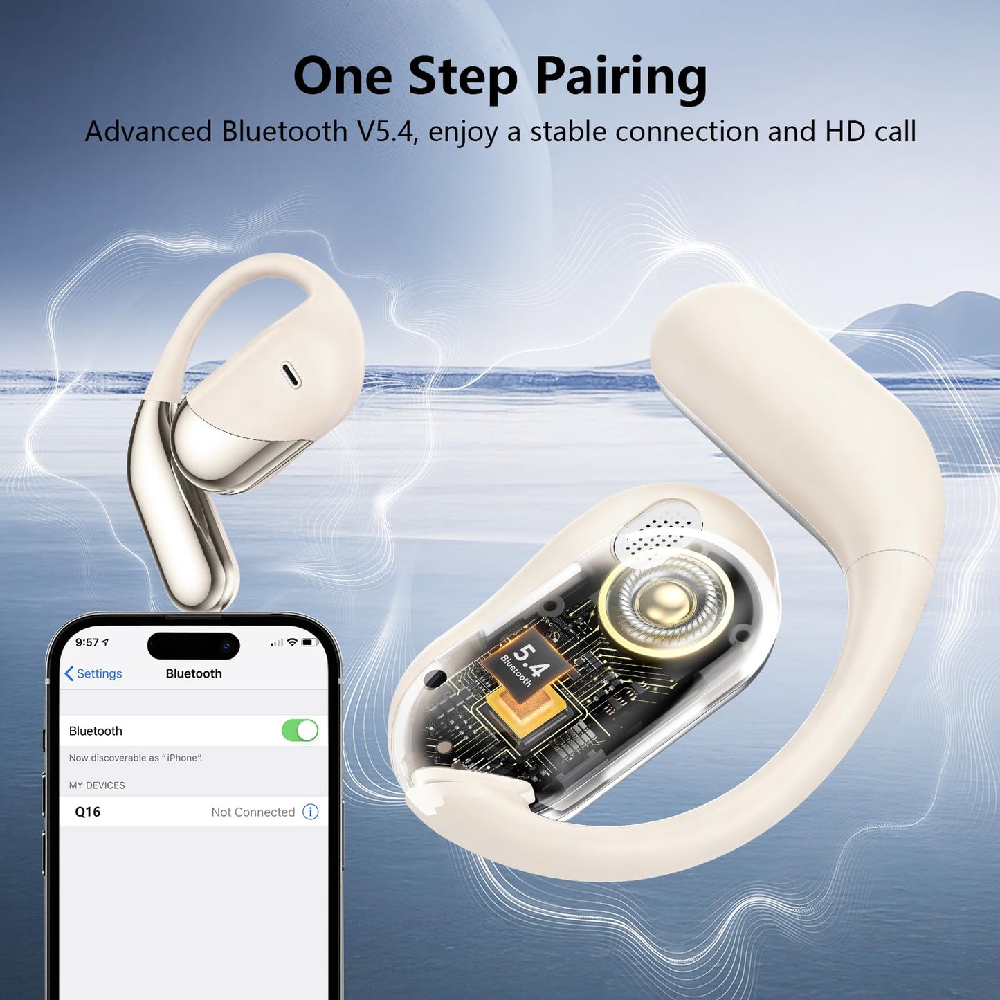 Open Ear Wireless Earbuds, Sports Bluetooth Headphones with Real Time Translation, 80Hrs Playtime with LED Power Display, Noise Canceling Headset, IPX7 Waterproof Earphones for Workout/Running