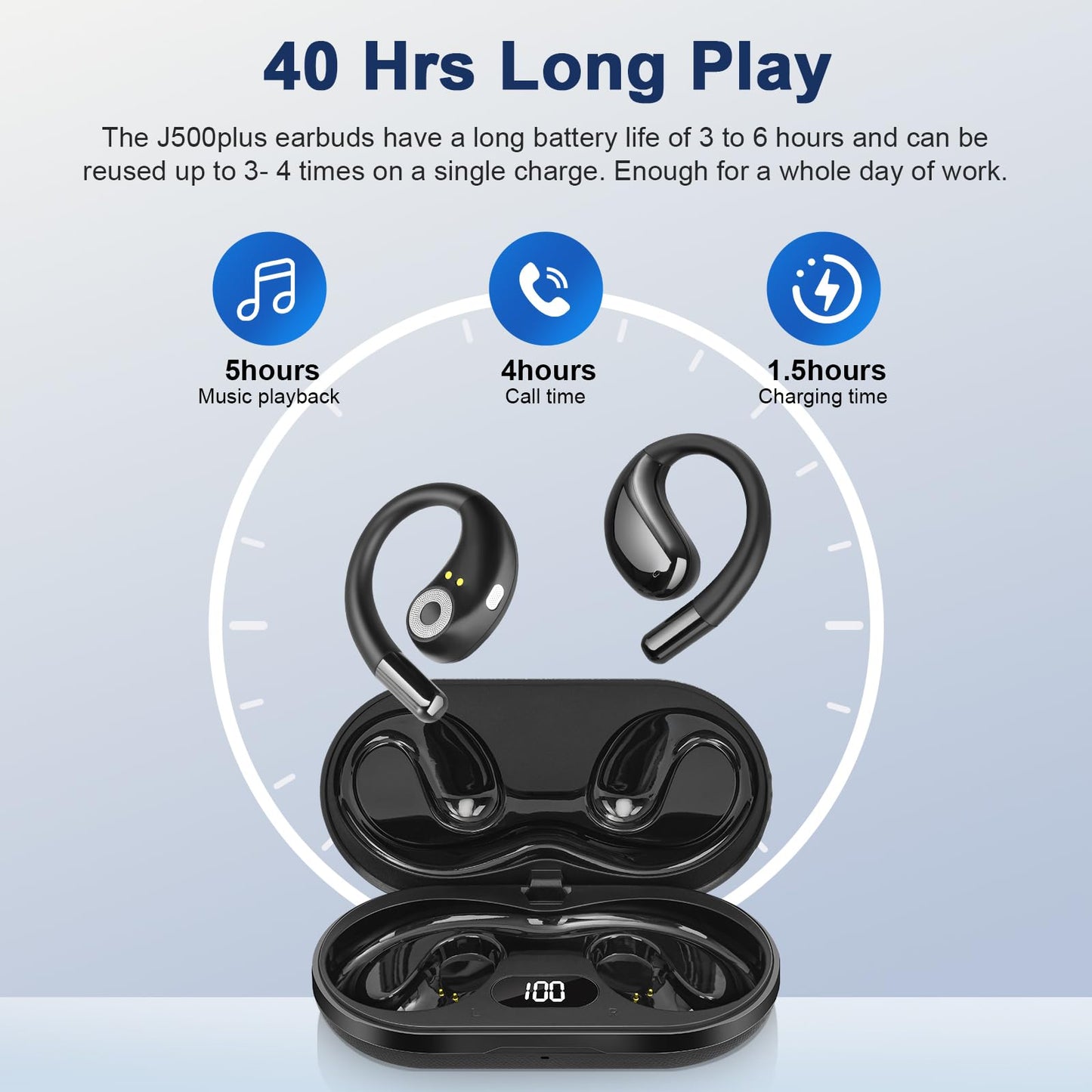 AI Translation Earbuds Real Time，Open Ear Wireless Earbuds, Sports Bluetooth Headphones 60Hrs Playtime LED Power Display, Office IPX7 Waterproof Earphones for Running Sports with iOS and Android