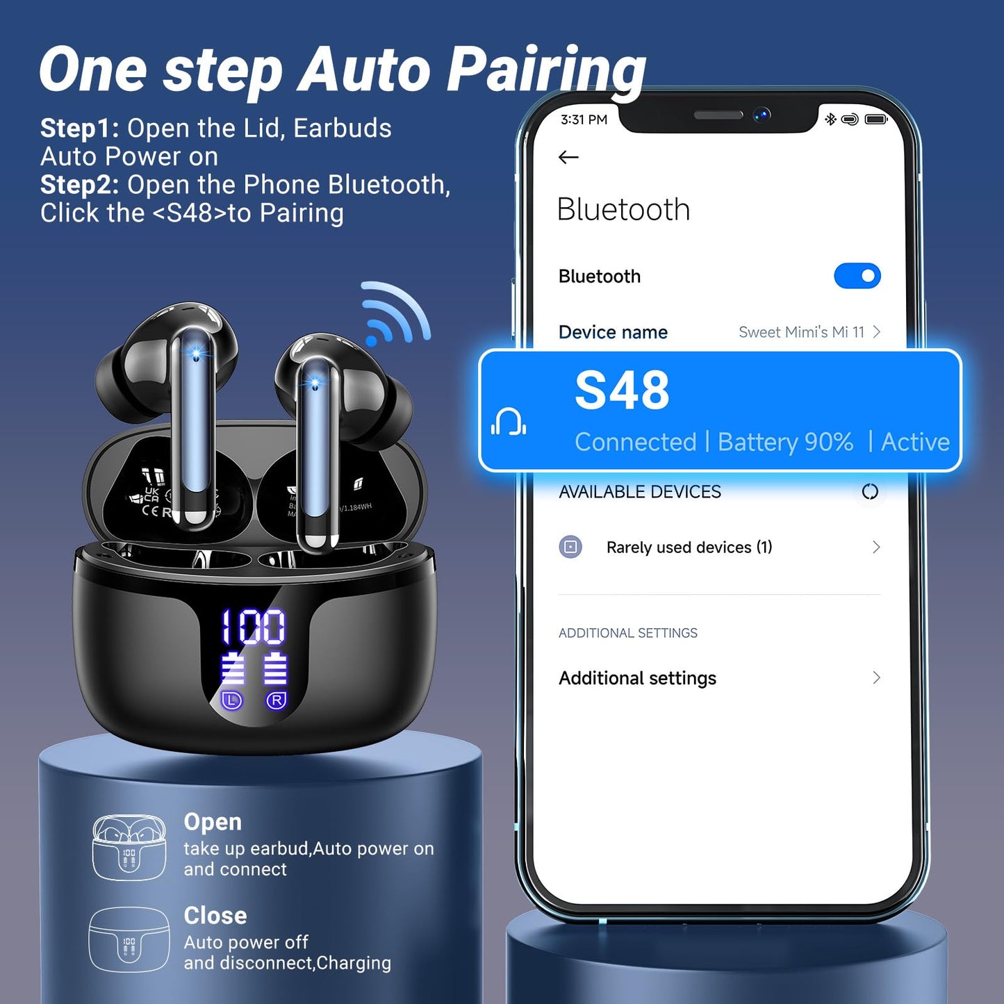 Wireless Earbuds, Bluetooth 5.4 Headphones, 50H Playback Deep Bass Stereo Ear Buds with LED Power Display Charging Case, IPX7 Waterproof in-Ear Earbuds for Smart Phone Laptop Computer Sports Black