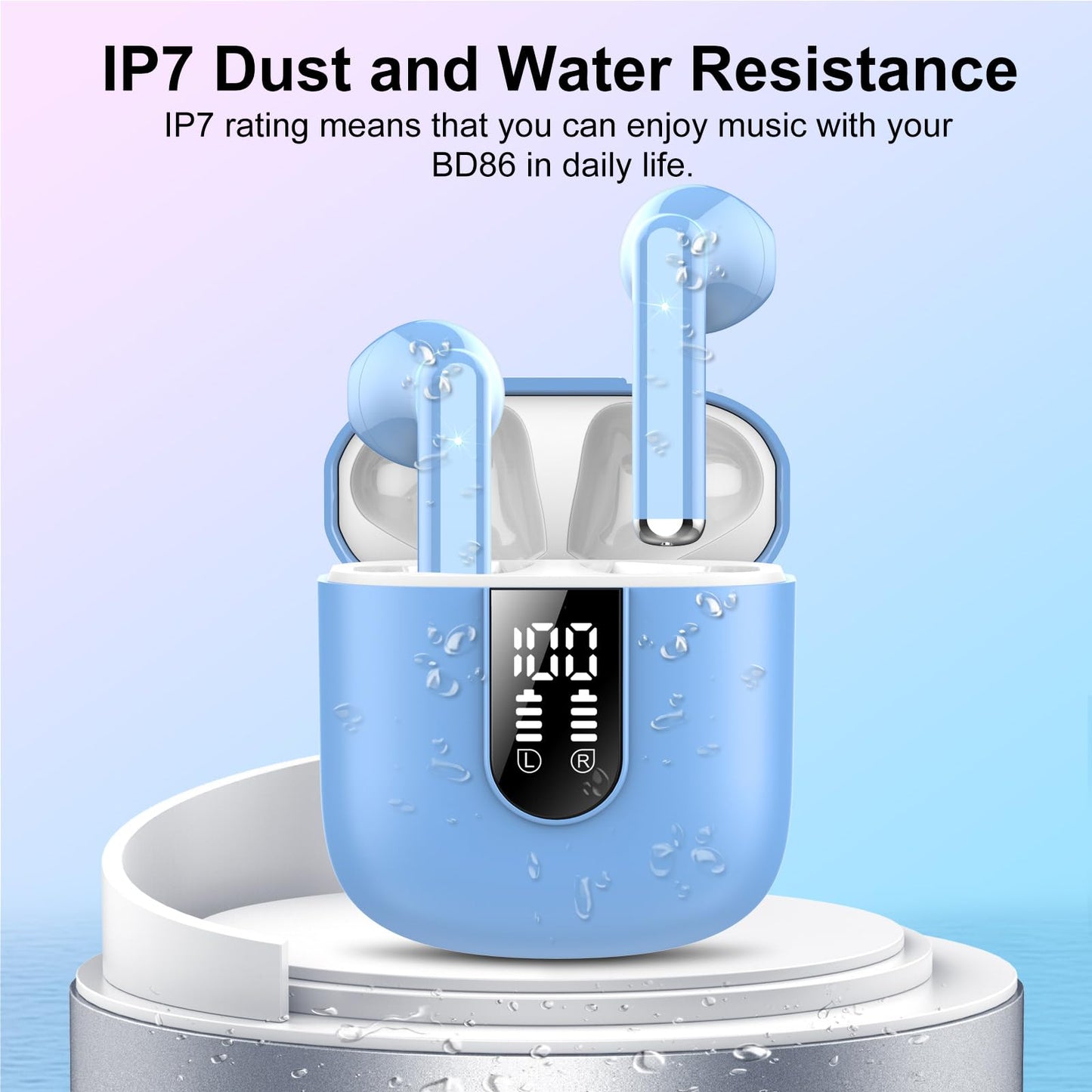 Wireless Earbuds, Bluetooth 5.3 Headphones HiFi Stereo, Mini in-Ear Bluetooth Earbuds, Wireless Earphones with 4 ENC Noise Cancelling Mic, IP7 Waterproof, LED Display, Touch Control Ear Buds, White