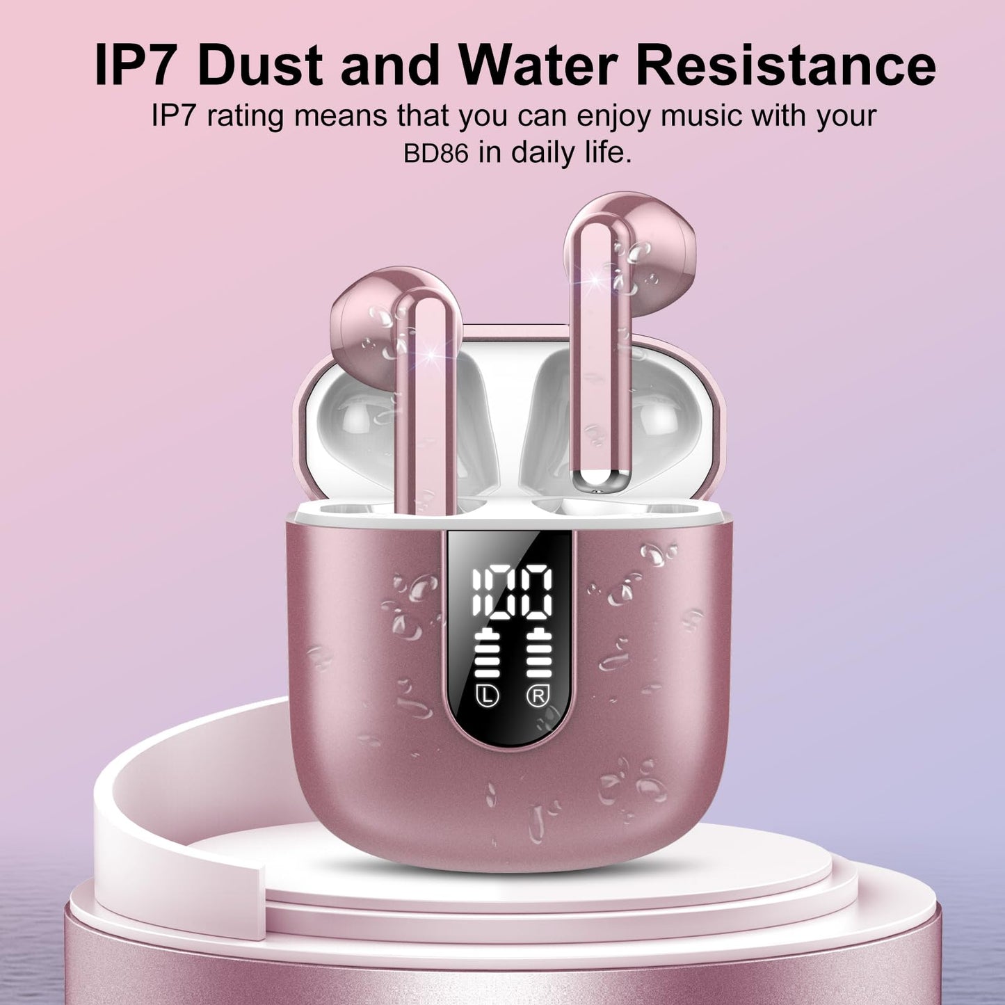 Wireless Earbuds, Bluetooth 5.3 Headphones HiFi Stereo, Mini in-Ear Bluetooth Earbuds, Wireless Earphones with 4 ENC Noise Cancelling Mic, IP7 Waterproof, LED Display, Touch Control Ear Buds, White
