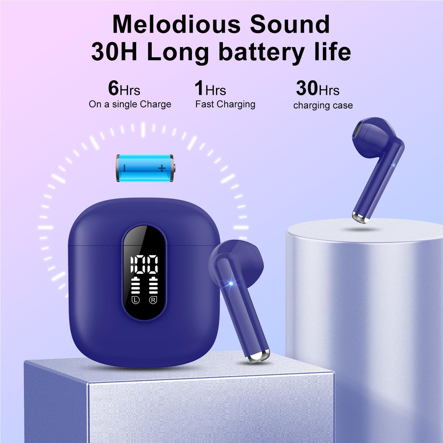 Wireless Earbuds, Bluetooth 5.3 Headphones HiFi Stereo, Mini in-Ear Bluetooth Earbuds, Wireless Earphones with 4 ENC Noise Cancelling Mic, IP7 Waterproof, LED Display, Touch Control Ear Buds, White