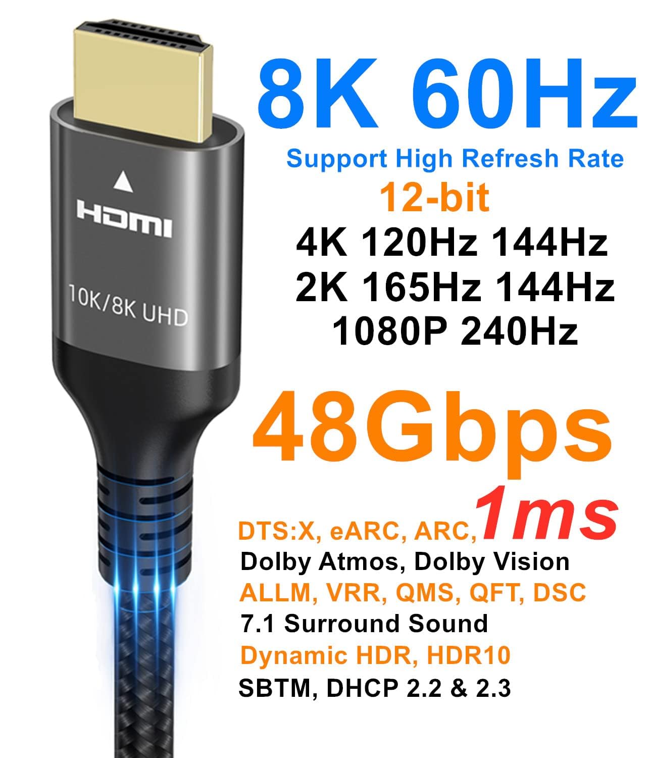Ubluker 10K 8K 4K HDMI Cable 48Gbps 3.3 FT, Certified Ultra High Speed HDMI® Cable 4K 240Hz 144Hz 120Hz 8K60Hz 0.01ms HDR10+ eARC HDCP2.3 Netflix Roku TV PC Monitor Projector PS5 Xbox