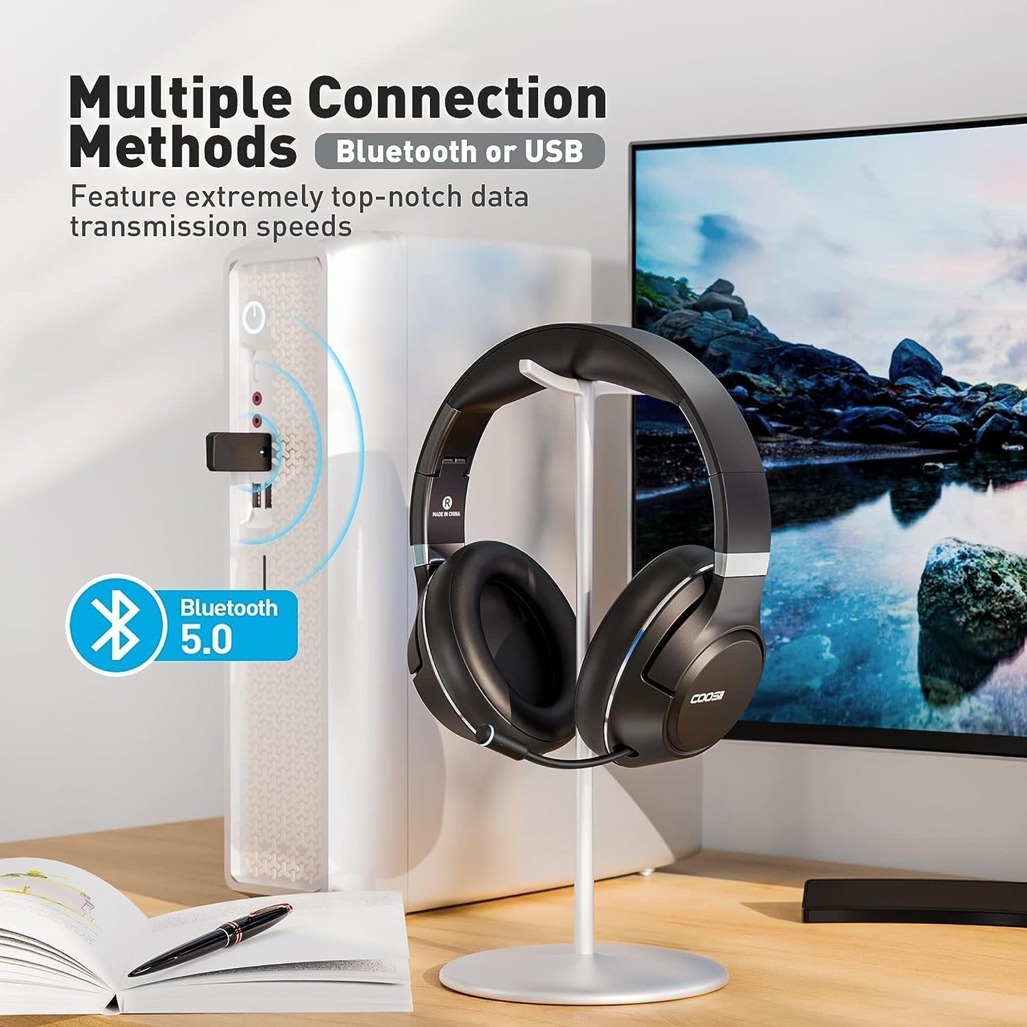 H300 Wireless Headphones Bluetooth with Microphone, Over Ear Headsets with Environmental Noise Cancelling Retractable Mic, USB Dongle & Mute for Office Laptop Computer Chromebook Smartphone