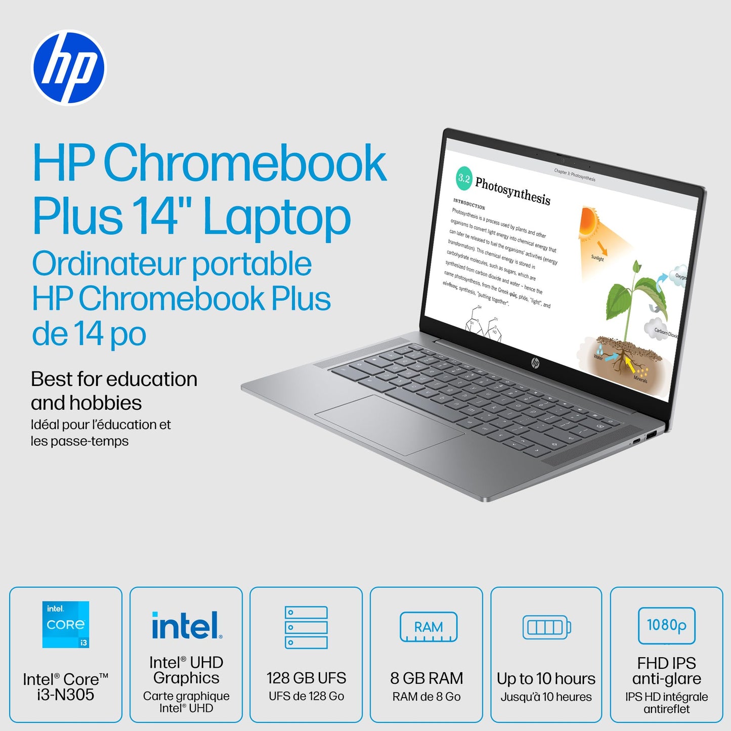 HP Chromebook 14 inch, Intel® Processor N100, 4GB RAM, 128GB UFS, HD(1366 x 768), Anti-Glare, HP True Vision 720p HD Camera w Privacy Shutter, Dual-Array mic, ChromeOS, Chalkboard Grey (14a-nf0036ca)