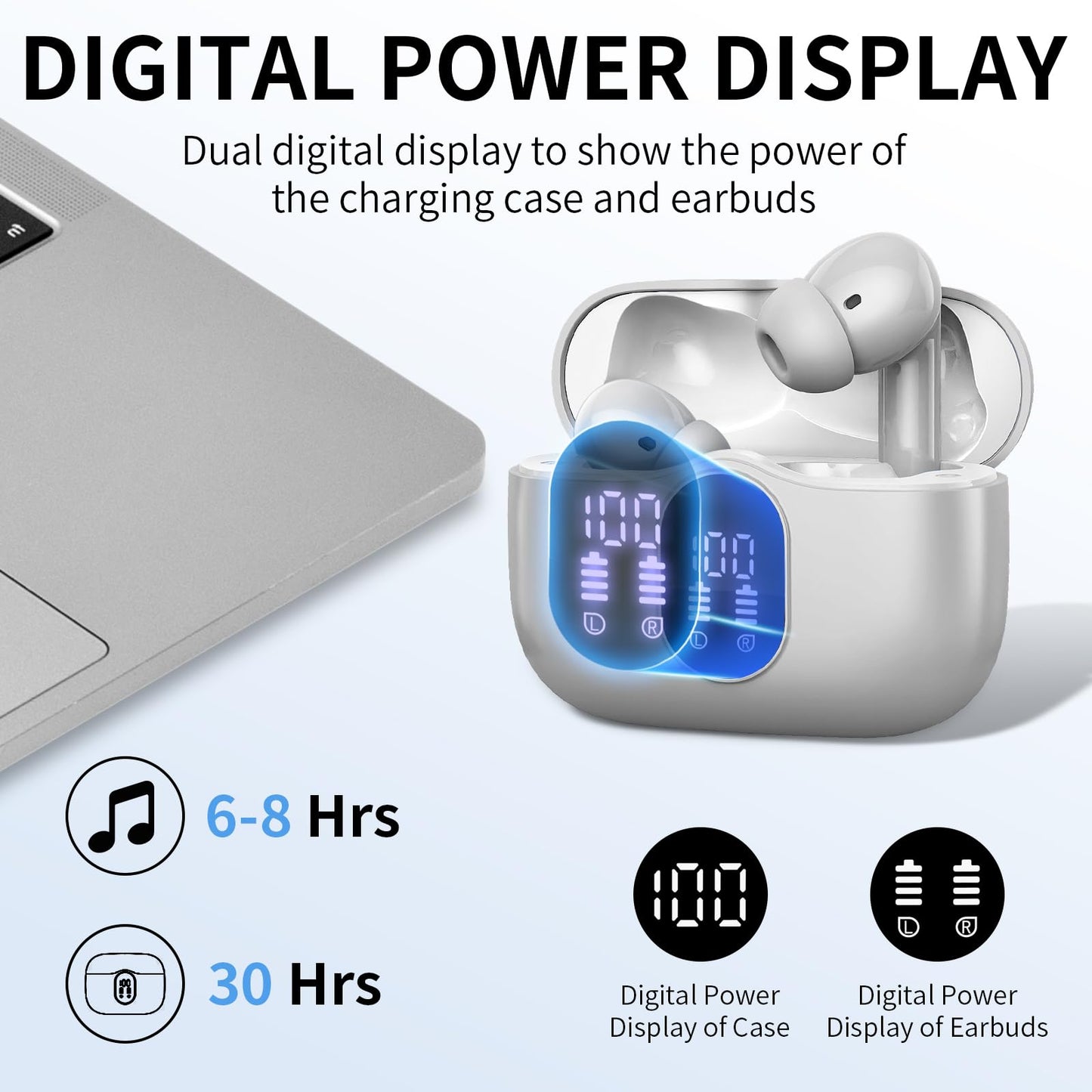 Wireless Earbuds, Bluetooth Headphones 5.4 HiFi Stereo, Wireless Earphones with ENC Noise Cancelling Mic, IP7 Waterproof in Ear Headphones, LED Digital Display Ear Buds, Touch Control, Black