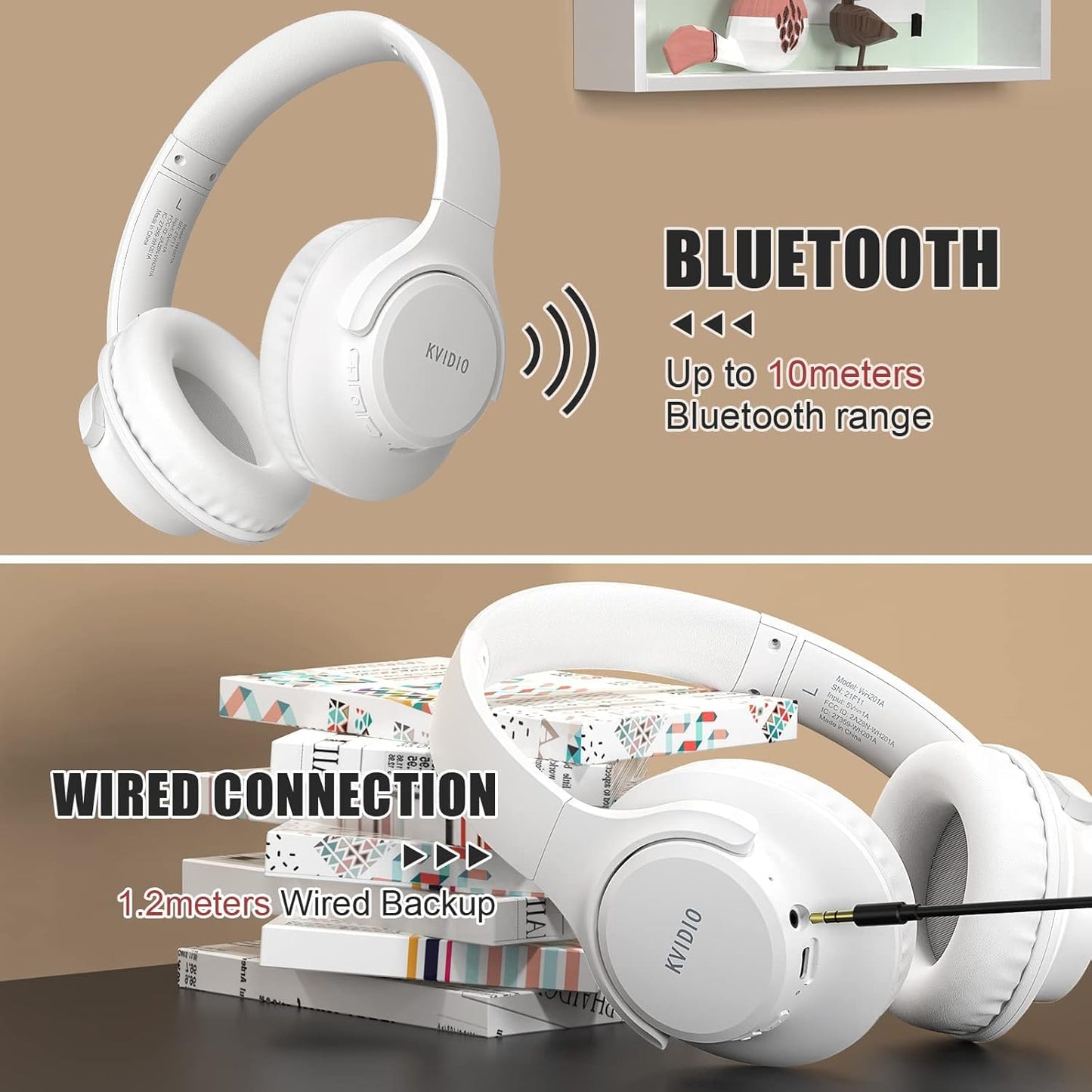 KVIDIO Bluetooth Headphones Over Ear, 65 Hours Wireless Headphones with Microphone, Foldable Lightweight HiFi Stereo Headset with Deep Bass for Travel Work Laptop PC Cellphone