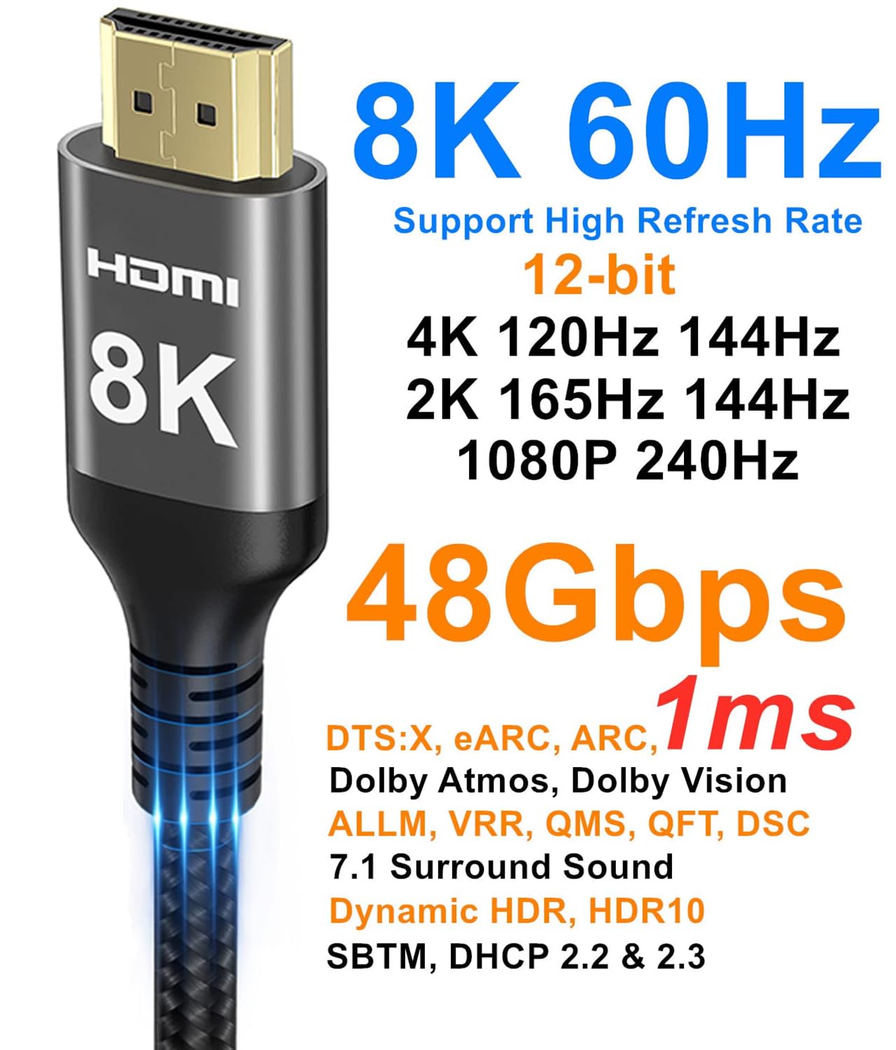 Ubluker 10K 8K 4K HDMI Cable 48Gbps 3.3 FT, Certified Ultra High Speed HDMI® Cable 4K 240Hz 144Hz 120Hz 8K60Hz 0.01ms HDR10+ eARC HDCP2.3 Netflix Roku TV PC Monitor Projector PS5 Xbox