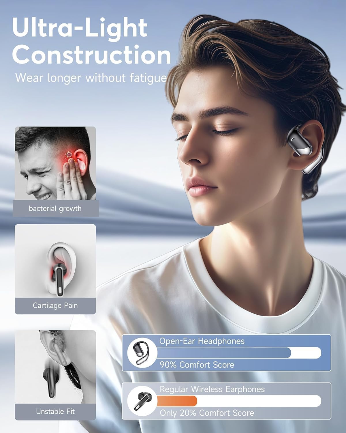 Open Ear Earbuds, Sports Wireless Bluetooth 6.1 Headphones with Real-Time Translation, 80H Playtime LED Power Display, ENC Noise Canceling, IP55 Waterproof Earhooks Headset for Running Workout, Black