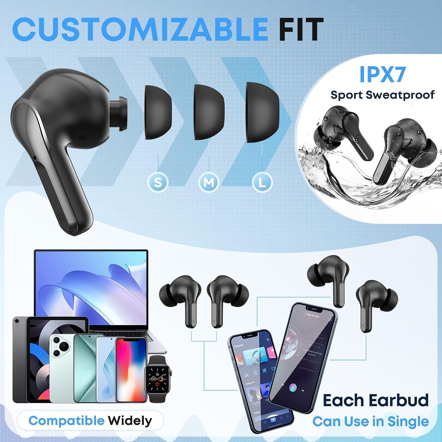 Wireless Earbuds, Bluetooth 5.4 Headphones HiFi Stereo 50H Playback LED Digital Display Ear Buds with ENC Noise Canceling Headset, IPX7 Waterproof Earphones for Running/Workout