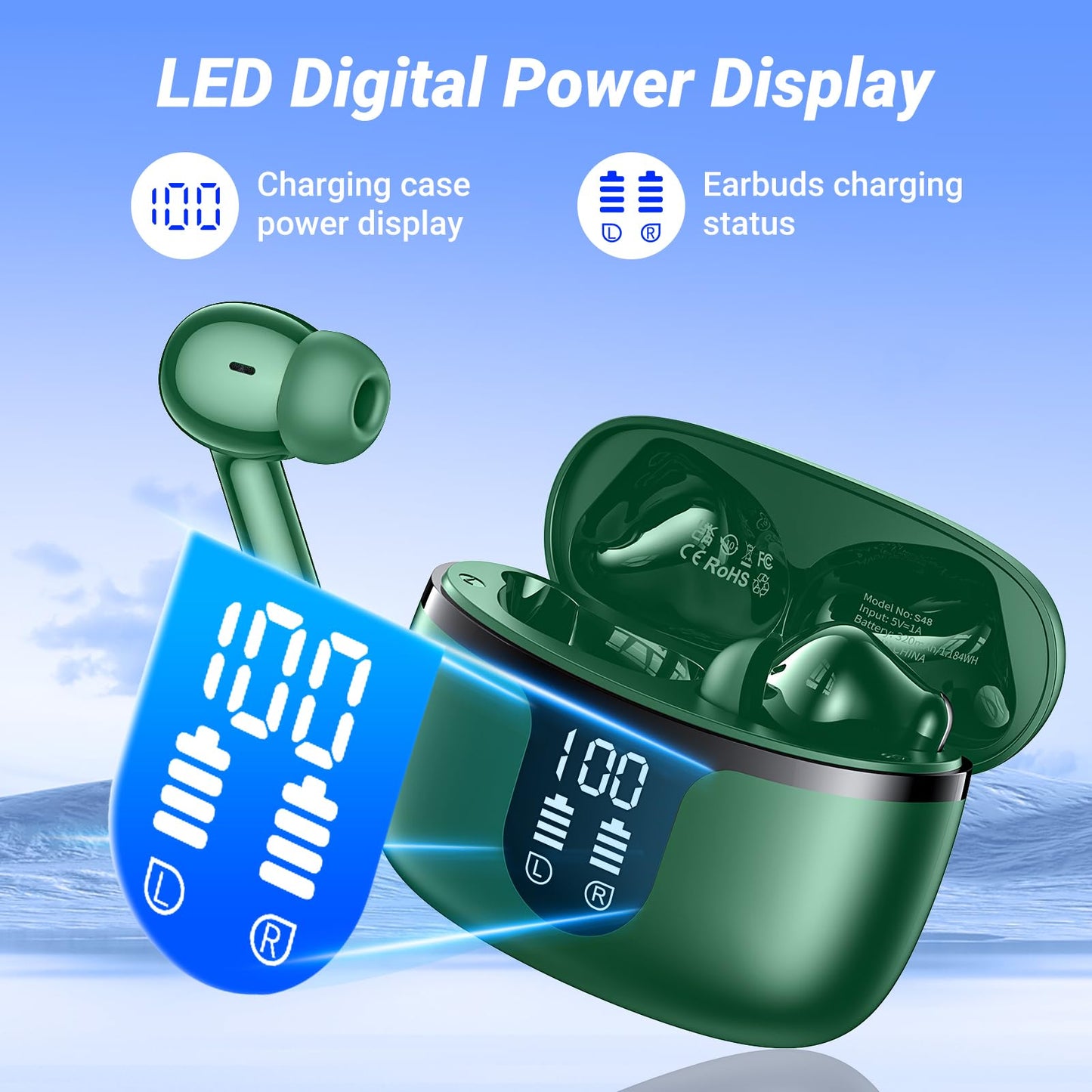 Wireless Earbuds, Bluetooth 5.4 Headphones, 50H Playback Deep Bass Stereo Ear Buds with LED Power Display Charging Case, IPX7 Waterproof in-Ear Earbuds for Smart Phone Laptop Computer Sports Black