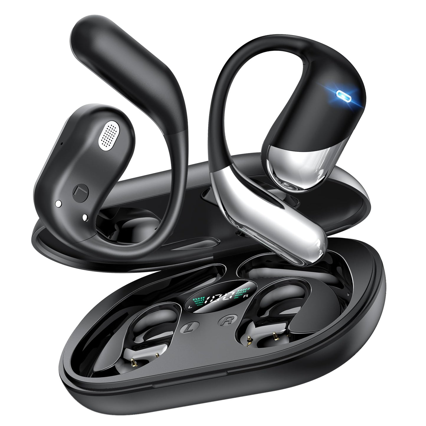 Open Ear Wireless Earbuds, Sports Bluetooth Headphones with Real Time Translation, 80Hrs Playtime with LED Power Display, Noise Canceling Headset, IP55 Waterproof Earphones for Workout/Running Black