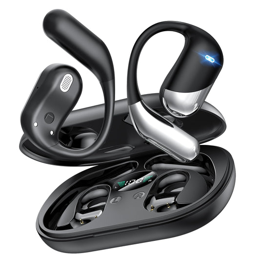 Open Ear Wireless Earbuds, Sports Bluetooth Headphones with Real Time Translation, 80Hrs Playtime with LED Power Display, Noise Canceling Headset, IP55 Waterproof Earphones for Workout/Running Black