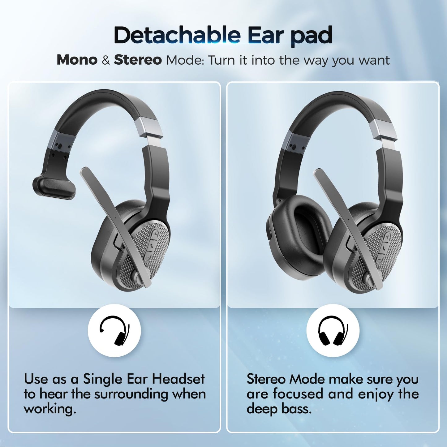 Trucker Bluetooth Headset, Wireless Headsets with Noise Cancelling Microphone, Long Battery Life Bluetooth Headphones with Detachable Earpad/Single+Dual Mode for Office/Driving/Home