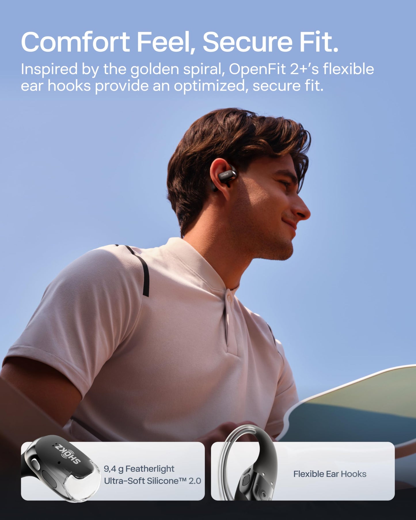 SHOKZ New OpenFit 2+ Open-Ear Headphones, Dolby Audio Enabled, Comfortable Earbuds with Soft Ear Hooks, 48H Playtime, IP55 Water-Resistant, USB-C Fast Charging, Wireless Charging, Carrying Bag,Black