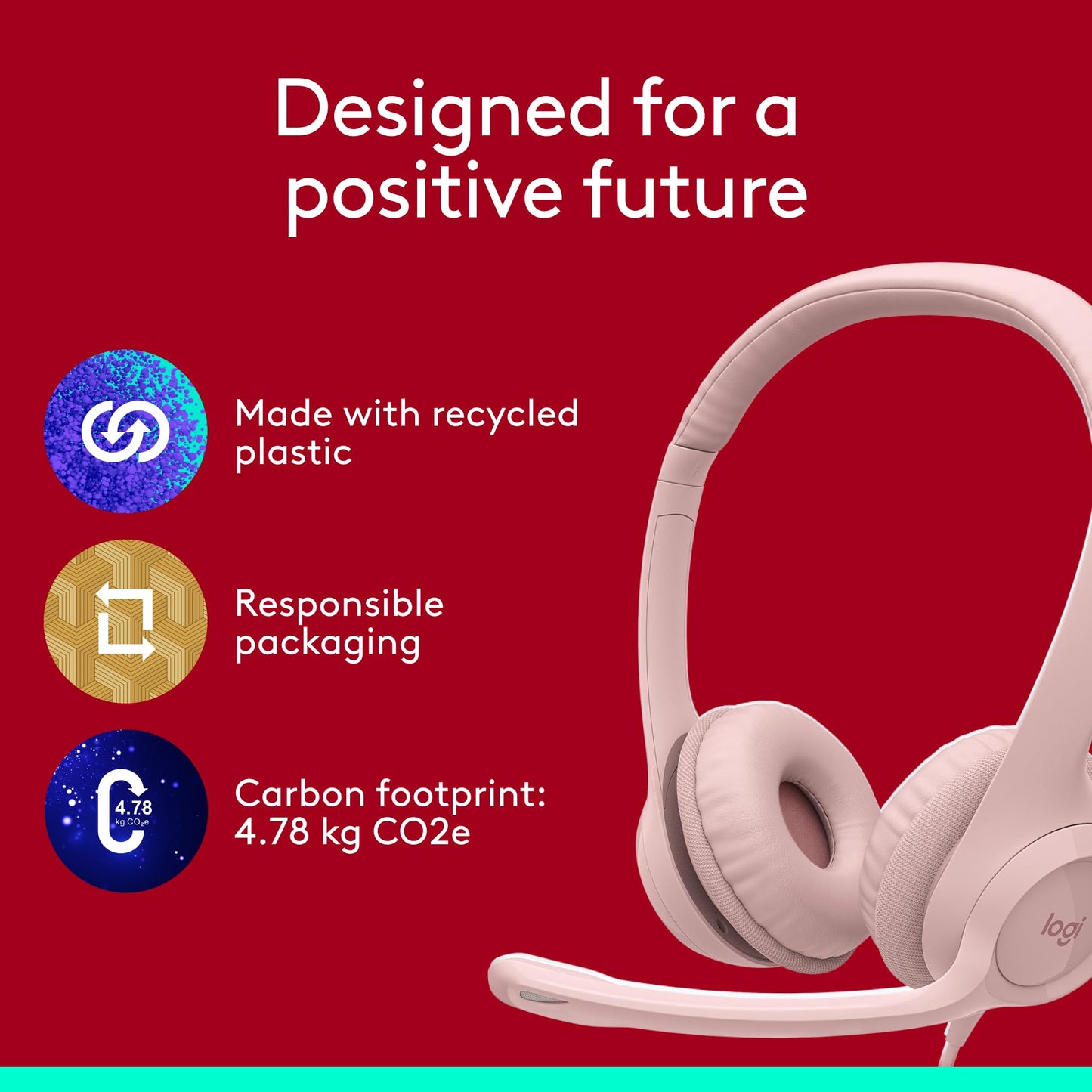 Logitech H390 Wired Headset for PC/Laptop, Stereo Headphones with Noise Cancelling Microphone, USB-A, in-Line Controls, Works with Chromebook - Rose, 1 Pack