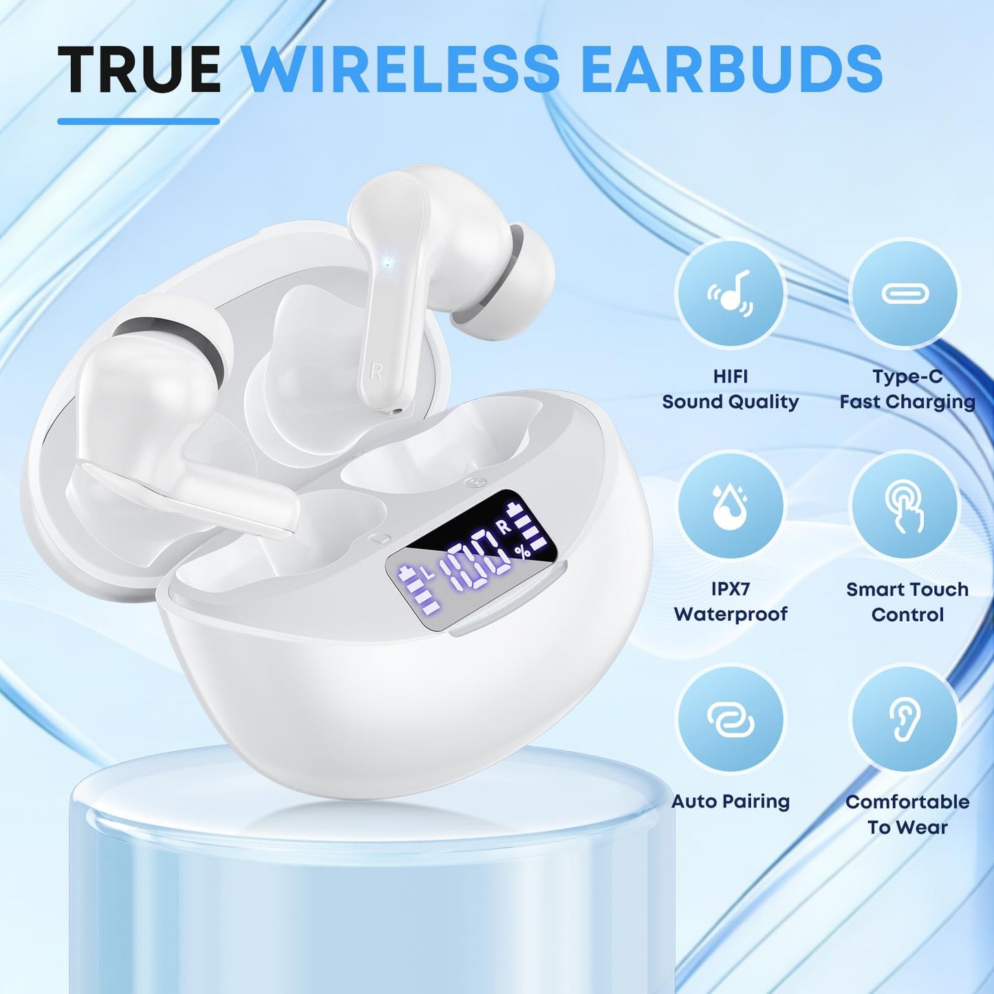 Wireless Earbuds, Bluetooth 5.4 Headphones HiFi Stereo 50H Playback LED Digital Display Ear Buds with ENC Noise Canceling Headset, IPX7 Waterproof Earphones for Running/Workout