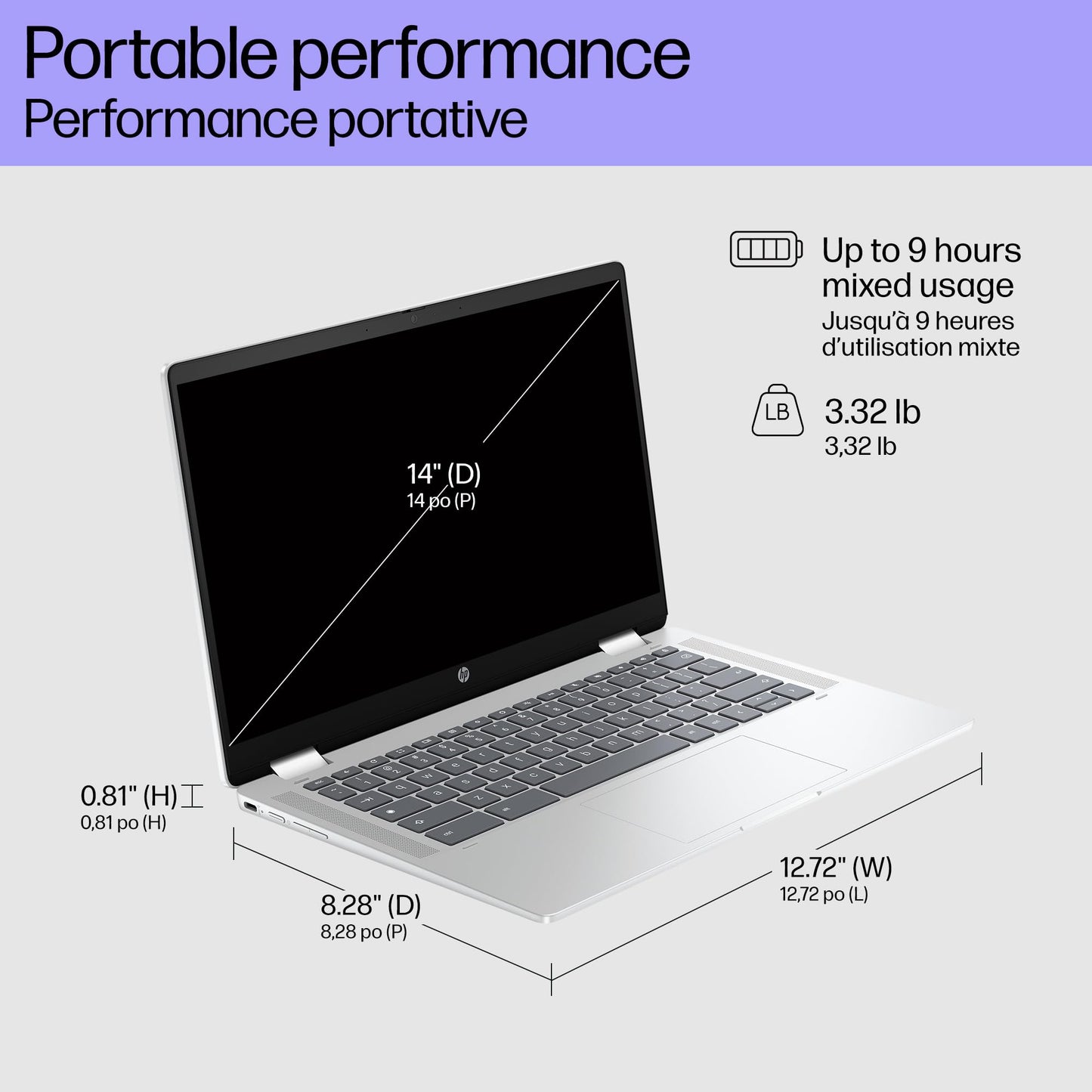 HP Chromebook 14 inch, Intel® Processor N100, 4GB RAM, 128GB UFS, HD(1366 x 768), Anti-Glare, HP True Vision 720p HD Camera w Privacy Shutter, Dual-Array mic, ChromeOS, Chalkboard Grey (14a-nf0036ca)
