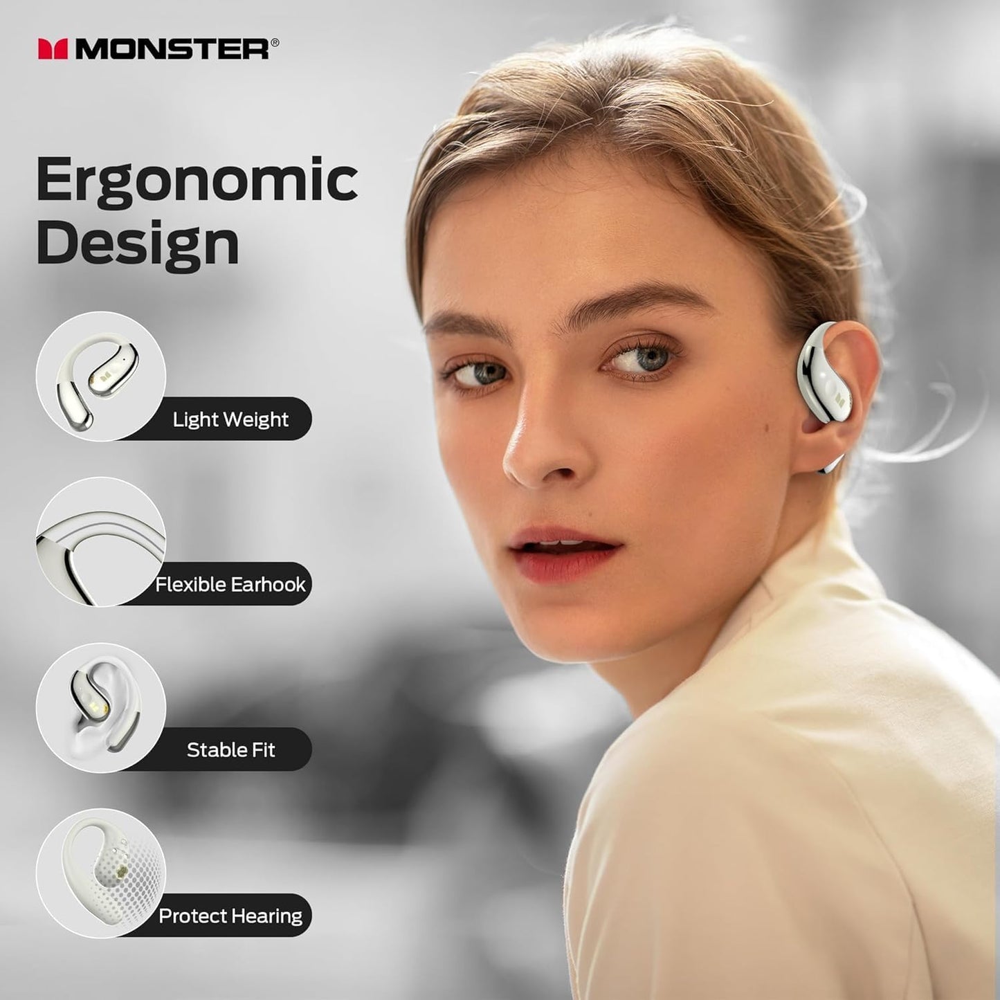 Monster Open-Ear Headphones AC360, Rotating Case with Lanyard, Ultra-Comfort, Powerful Sound, Clear Calls, Bluetooth 6.0 Wireless Earbuds, Touch Control, 24h Playtime, IPX5 Water Resistance