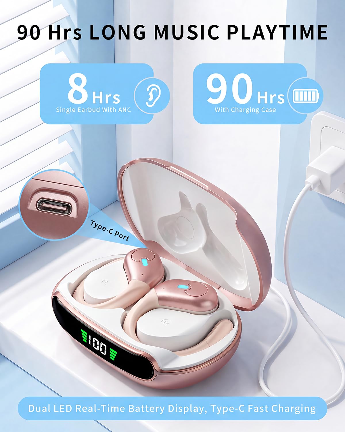 Active Noise Cancelling Ear Buds, Wireless Earbuds with Earhooks Microphone, 80hrs Playback Bluetooth Headphones Dual Battery Display Stereo Bass Earphones IPX7 Waterproof Headset for Workout/Sports