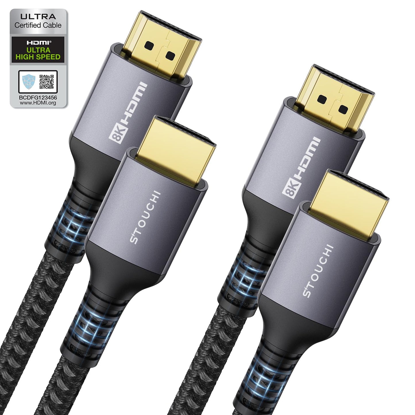 10K 8K HDMI Cables 2-Pack 6.6FT, Stouchi (Certified) 48Gbps Ultra High Speed HDMI® Cable for PS5 4K@120Hz Gaming, 8K@60Hz TVs, eARC Dolby Atmos Home Theater