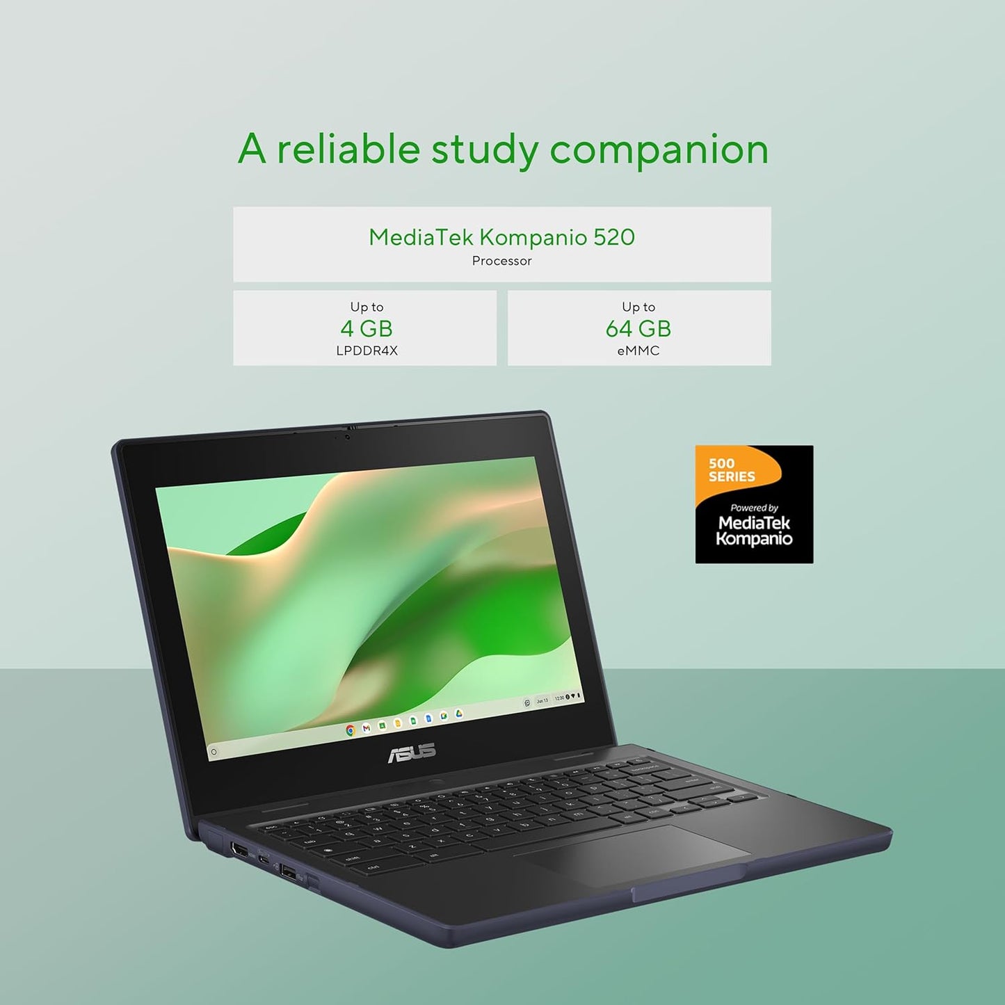 ASUS Chromebook Laptop, 11.6" HD Display, MediaTek Kompanio 520, 4GB RAM, 64GB Storage, Spill Resistant Keyboard, HD Camera with Privacy Shutter, Antimicrobial Guard, ChromeOS, CZ1104CM2A-AS01-CB
