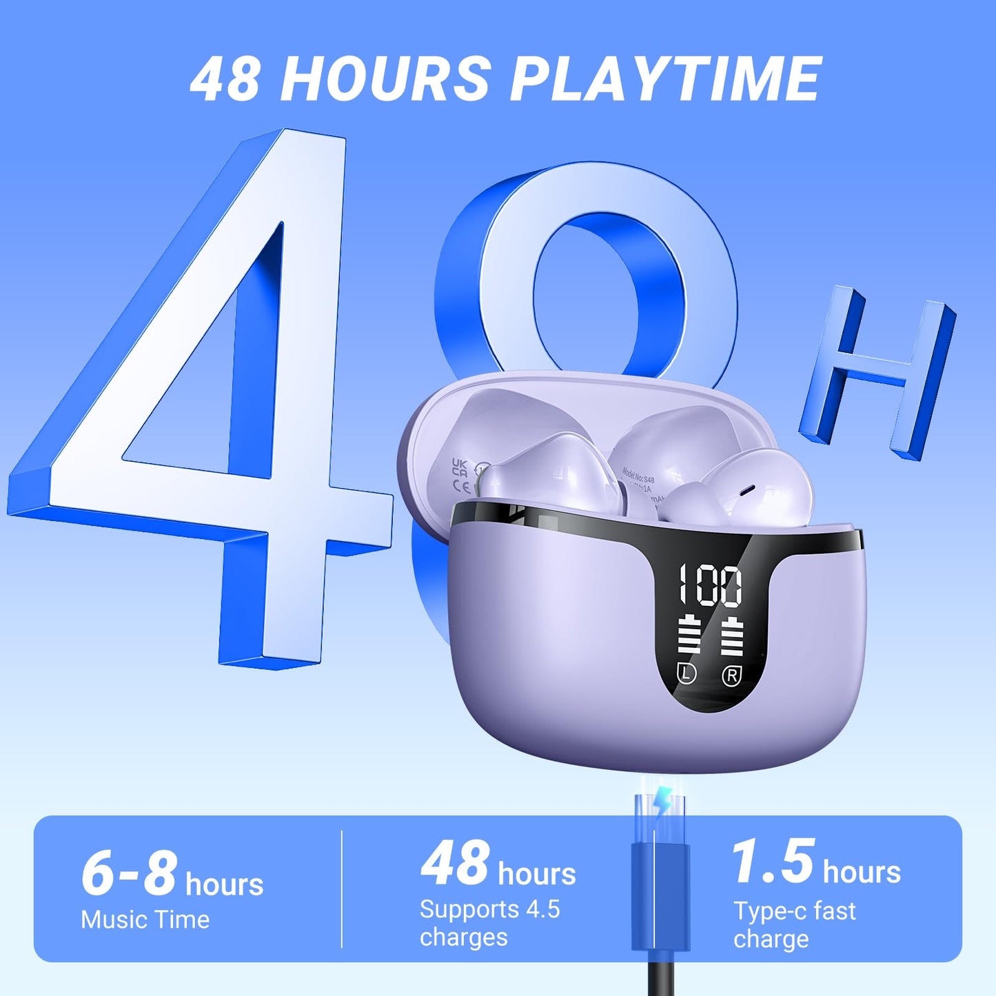 Wireless Earbuds, Bluetooth 5.4 Headphones, 50H Playback Deep Bass Stereo Ear Buds with LED Power Display Charging Case, IPX7 Waterproof in-Ear Earbuds for Smart Phone Laptop Computer Sports Black