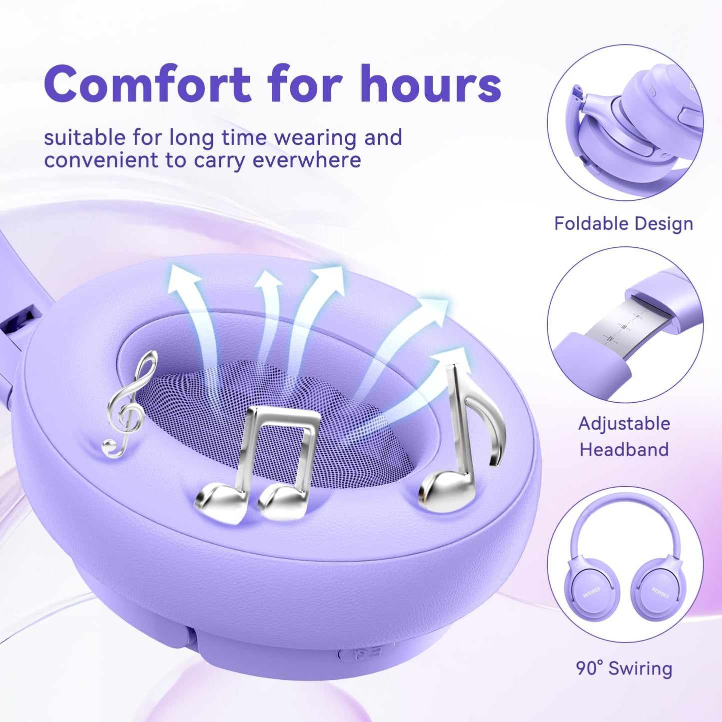 BERIBES Bluetooth Headphones Over Ear,65H Playtime and 6 EQ Modes Wireless Headphones with Microphone,Immersive Bass,HiFi Stereo,Foldable Lightweight Headset with Built-in HD Mic for Cellphone/PC/Ect.
