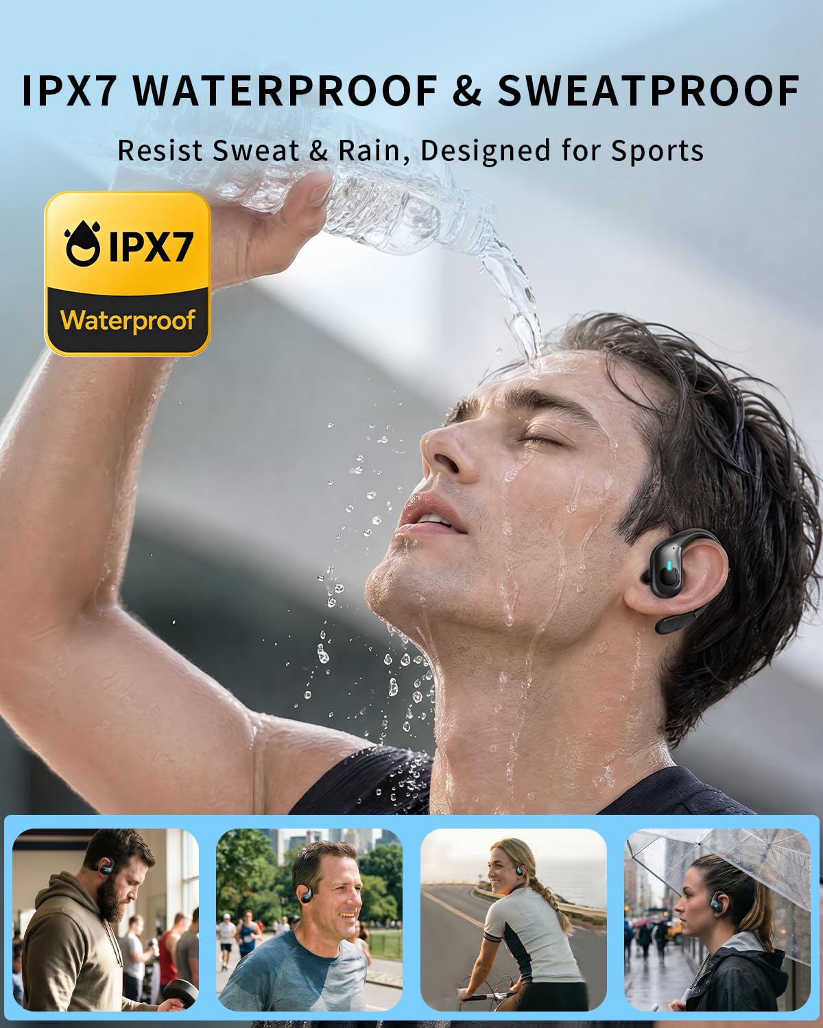 Active Noise Cancelling Ear Buds, Wireless Earbuds with Earhooks Microphone, 80hrs Playback Bluetooth Headphones Dual Battery Display Stereo Bass Earphones IPX7 Waterproof Headset for Workout/Sports
