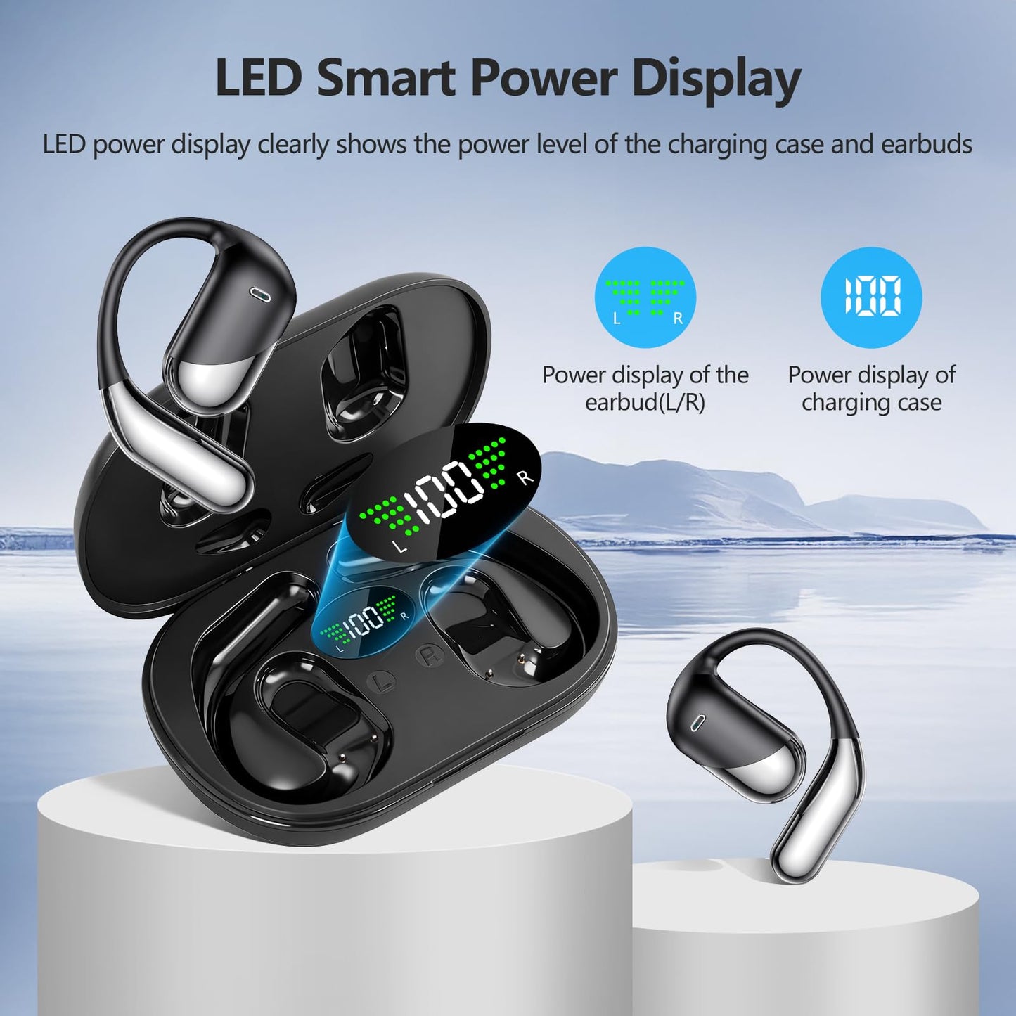 Open Ear Wireless Earbuds, Sports Bluetooth Headphones with Real Time Translation, 80Hrs Playtime with LED Power Display, Noise Canceling Headset, IPX7 Waterproof Earphones for Workout/Running