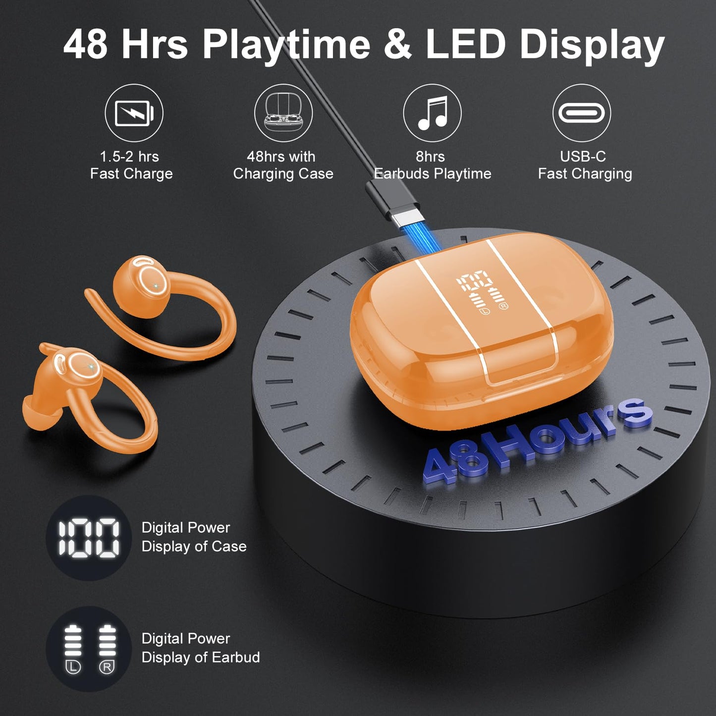 2026 Wireless Earbuds Bluetooth 5.3 Headphones Sports, 48H Earphones with ENC Mic, Stereo Deep Bass Bluetooth Earbuds with Secure Earhook, LED Display, IPX7 Waterproof Ear Buds for Running/Gym/Workout