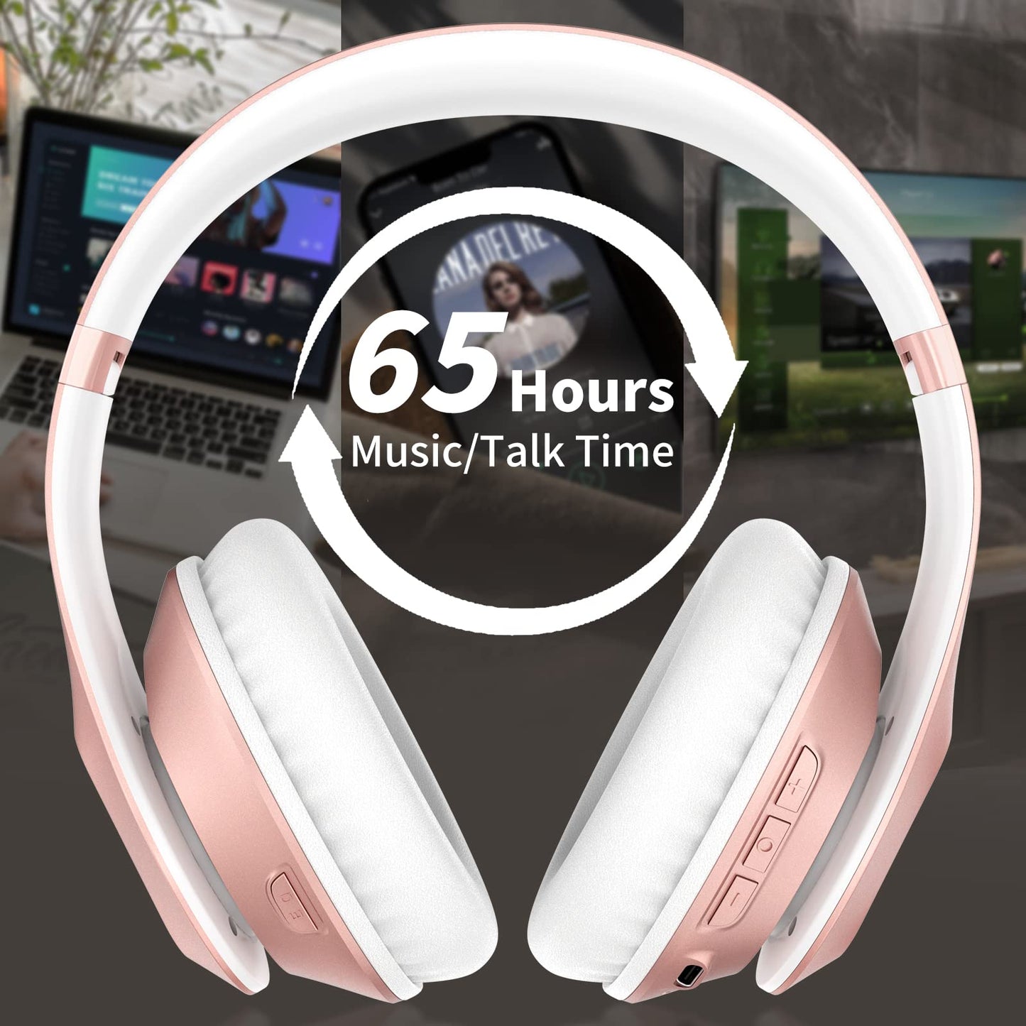 Wireless Bluetooth Headphones Over Ear 65H Playtime HiFi Stereo Headset with Microphone and 6EQ Modes Foldable Bluetooth V6.0 Headphones for Desktop Computer Laptop Rose Gold