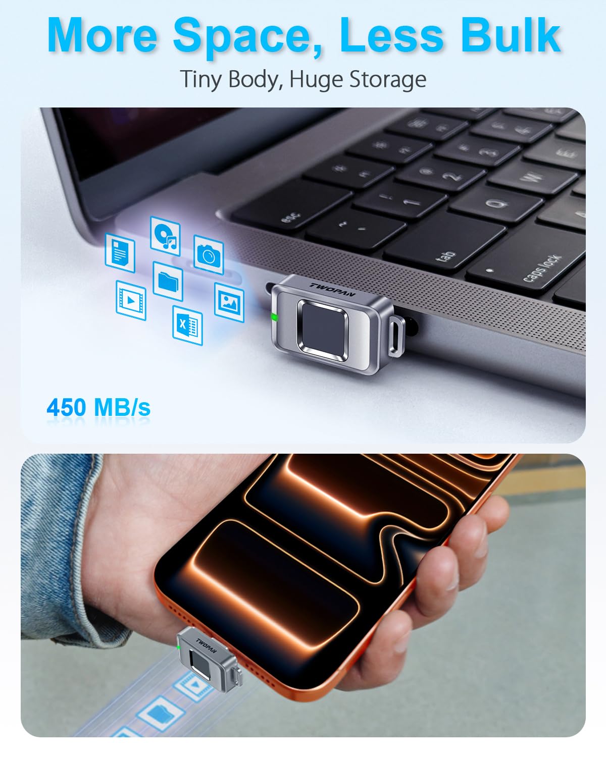 TWOPAN 256GB Portable Nano SSD with Fingerprint Lock, USB-C External SSD Hard Drive, Compatible with iPhone 17/16/15, MacBook, iPad, Steam Deck, PS5, Selfie Stick, Android, Travel and Backup