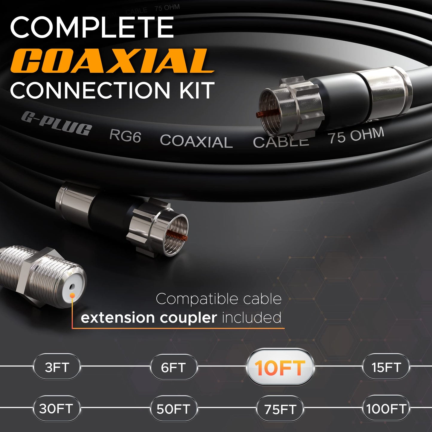 G-PLUG 25FT RG6 Coaxial Cable Connectors Set – High-Speed Internet, Broadband, Digital TV Aerial, Satellite Extension – Weather-Sealed Double Rubber O-Ring and Compression Connectors – White