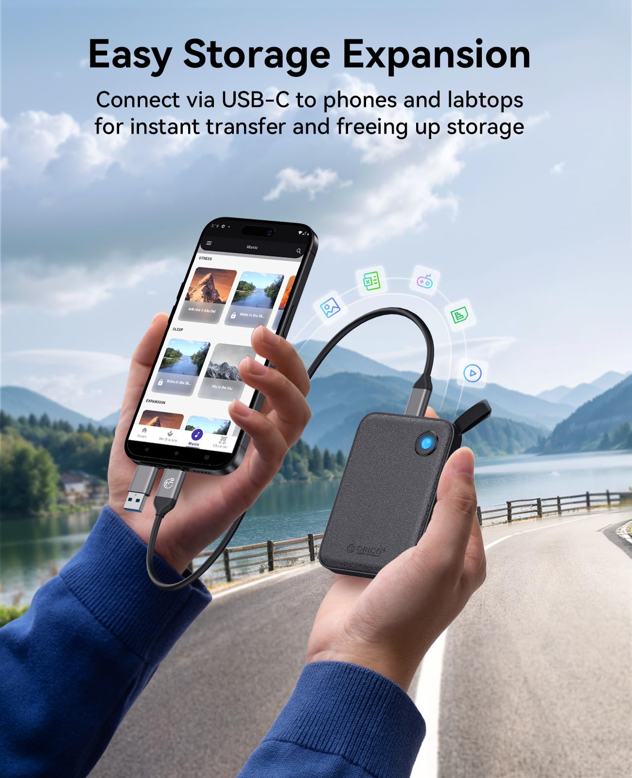 ORICO Portable SSD 512 GB with 2 in 1 USB C Cable, External Solid State Drives, Up to 460MB/s, Status Indicator, Reliable Storage for USB-C Smartphone, Tablet, PC - B5PLUS