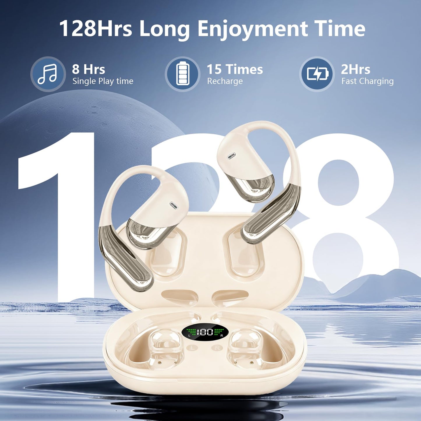 Open Ear Wireless Earbuds, Sports Bluetooth Headphones with Real Time Translation, 80Hrs Playtime with LED Power Display, Noise Canceling Headset, IPX7 Waterproof Earphones for Workout/Running