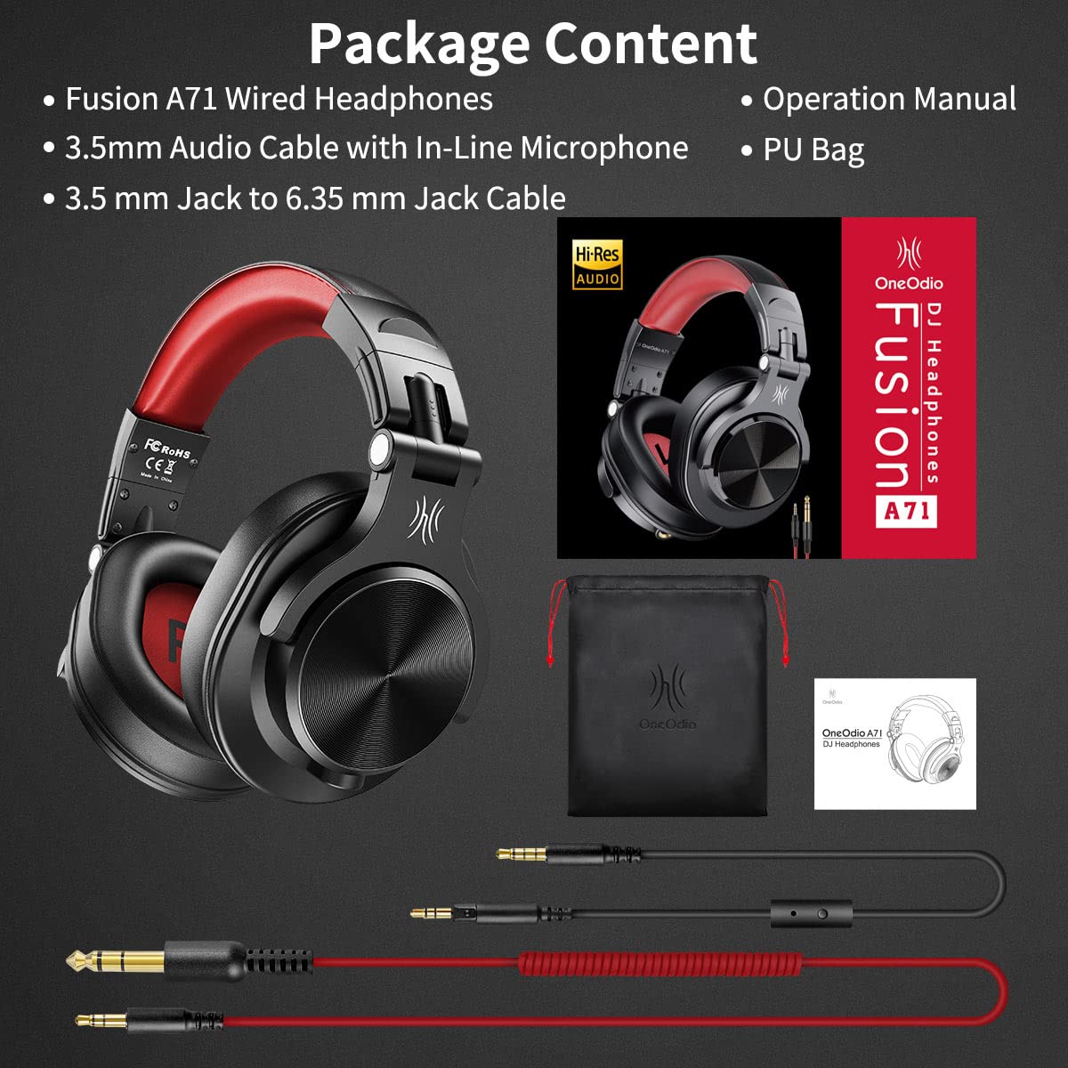 OneOdio A71 Wired Over Ear Headphones, In-Line Mic, Studio Headphones with SharePort, Professional Monitor Recording & Mixing Foldable Headphones with Hi-Res Sound for DJ Guitar Amp Computer PC