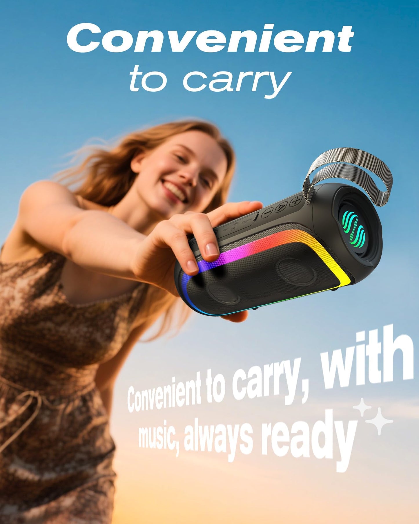 Portable Bluetooth Speaker, IPX6 Waterproof 20W HiFi Stereo Sound with Deep Bass 12H Playtime BT 5.2 Wireless TWS 7 Color Lights soundbox for Smartphone/Tablet/PC Apply to Home/Outdoor