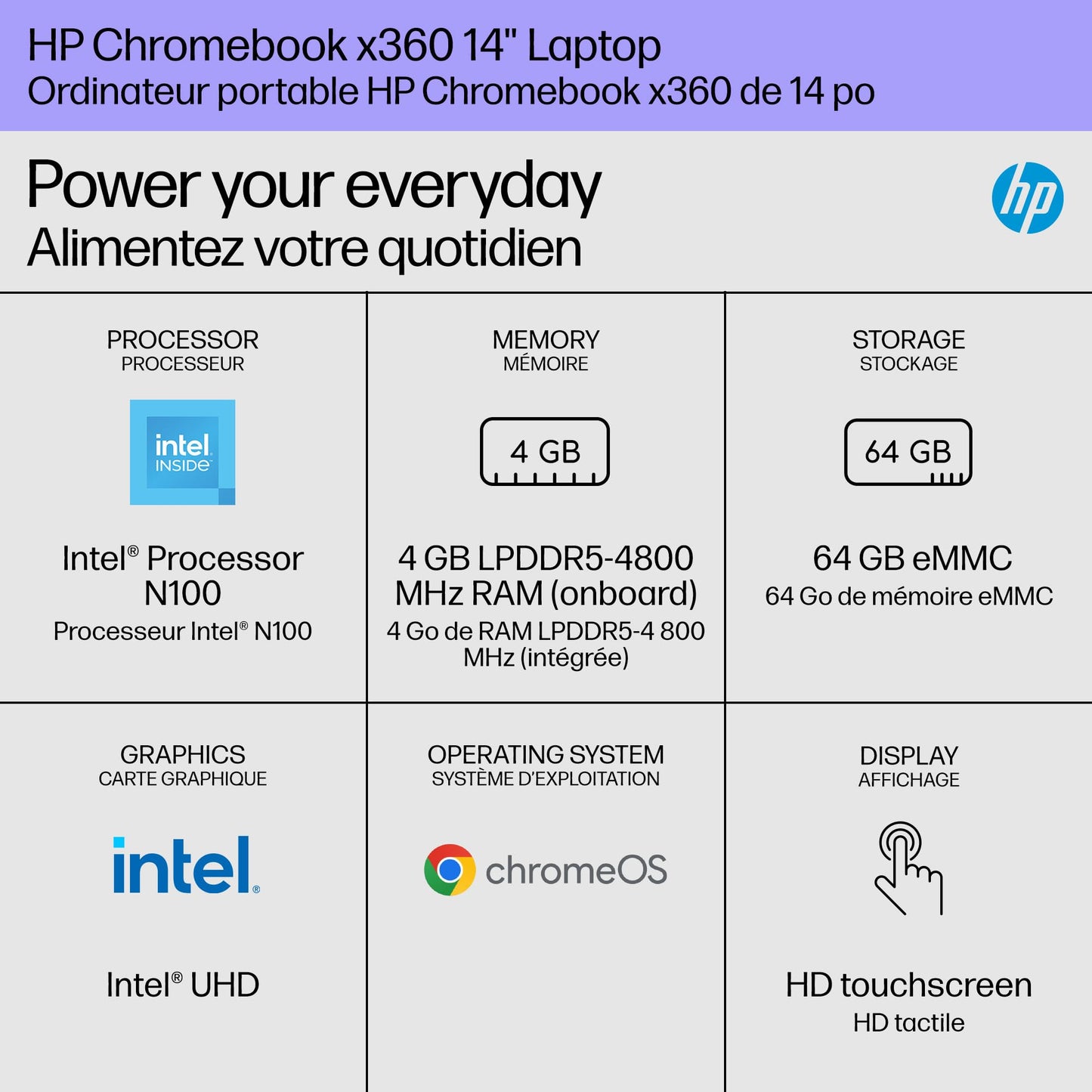 HP Chromebook 14 inch, Intel® Processor N100, 4GB RAM, 128GB UFS, HD(1366 x 768), Anti-Glare, HP True Vision 720p HD Camera w Privacy Shutter, Dual-Array mic, ChromeOS, Chalkboard Grey (14a-nf0036ca)