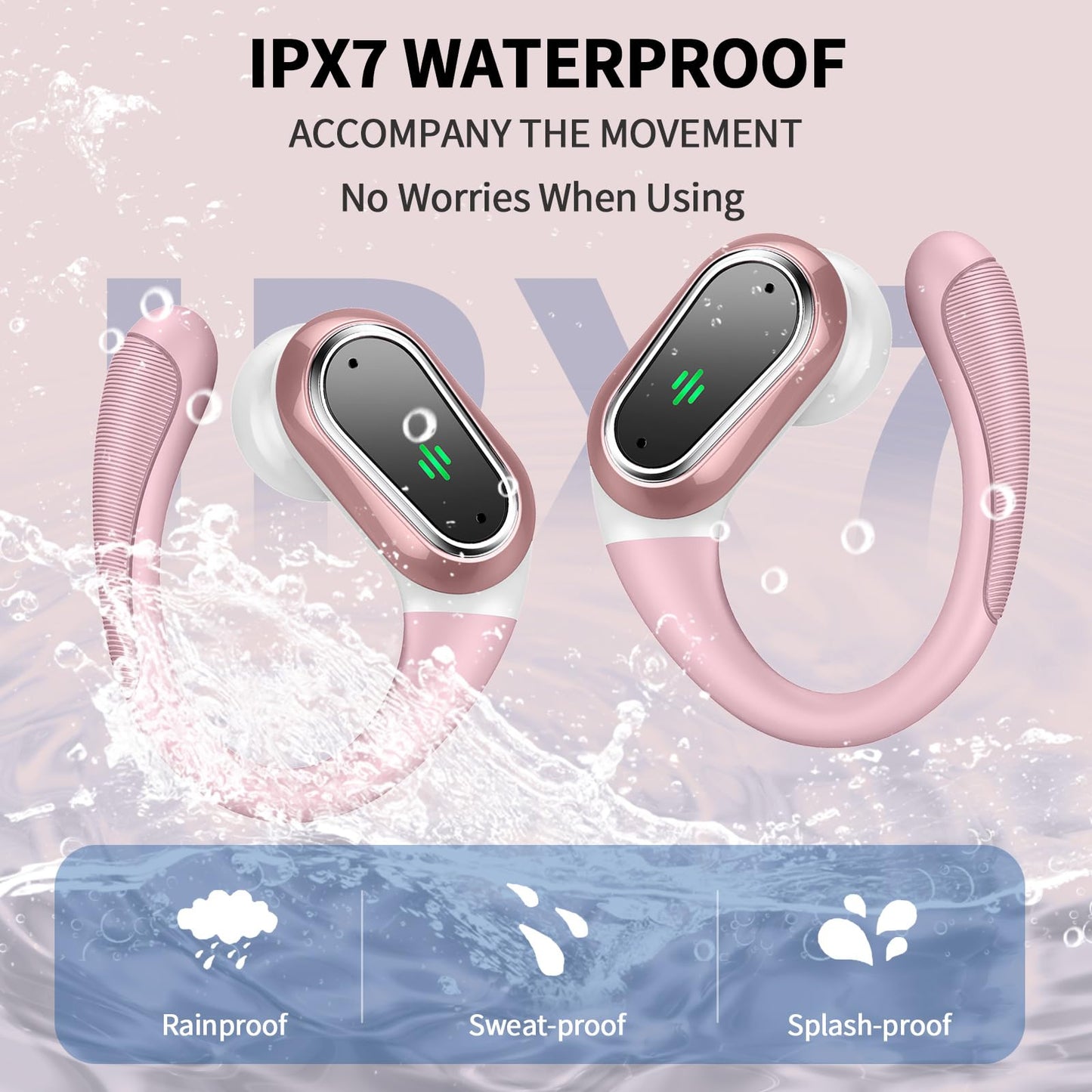 Wireless Earbuds, Bluetooth 5.4 Headphones Sport, LED Display Bluetooth Earbuds with ENC Noise Canceling Mic, 50H Stereo Wireless Headphones with Earhooks, IP7 Waterproof Ear Buds for Running/Workout