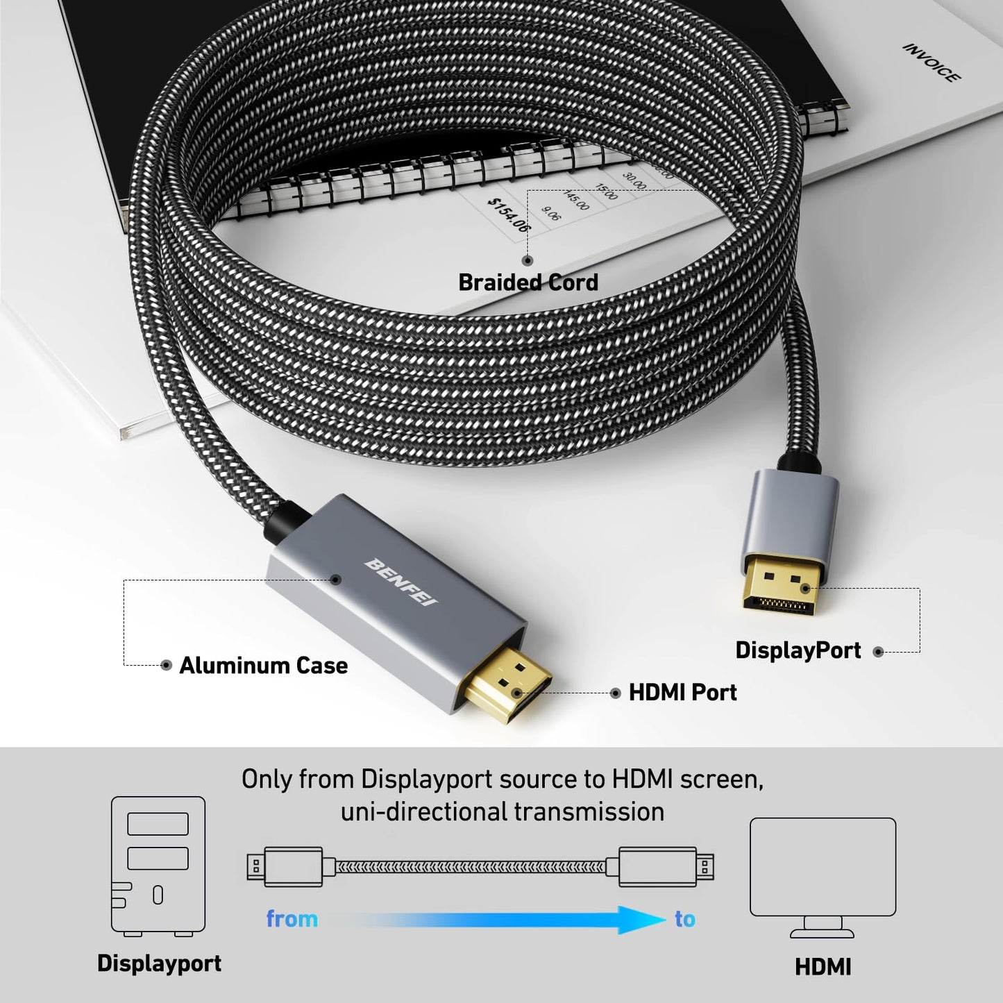 BENFEI 4K DisplayPort to HDMI 6 Feet Cable[Aluminum Shell, Nylon Braided], Uni-Direction DP 1.2 Computer to HDMI 1.4 Screen Cable Compatible with HP, ThinkPad, AMD, NVIDIA, Desktop and More