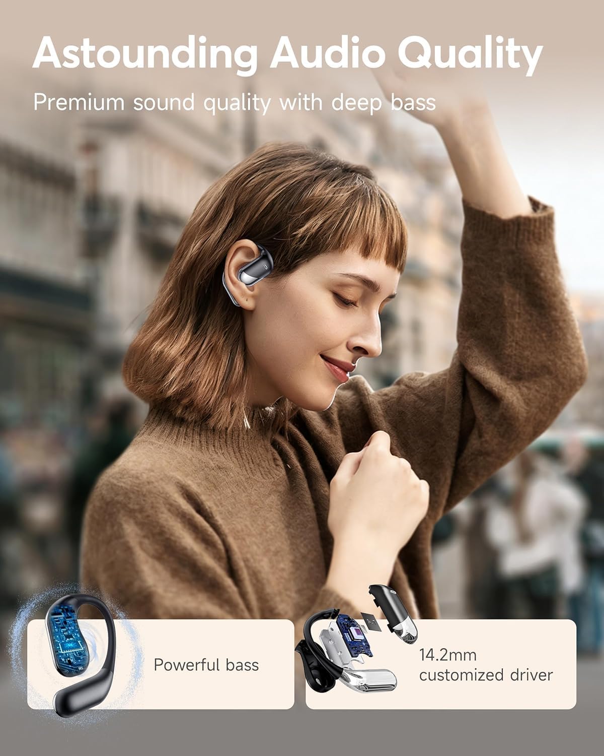 Open Ear Earbuds, Sports Wireless Bluetooth 6.1 Headphones with Real-Time Translation, 80H Playtime LED Power Display, ENC Noise Canceling, IP55 Waterproof Earhooks Headset for Running Workout, Black